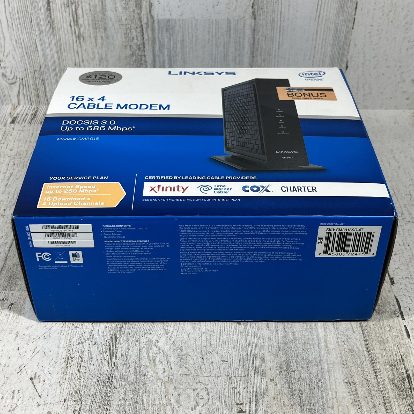 LINKSYS Cable Modem 16×4 Bonded Channels DOCSIS 3.0 Black CM3016 – NEW