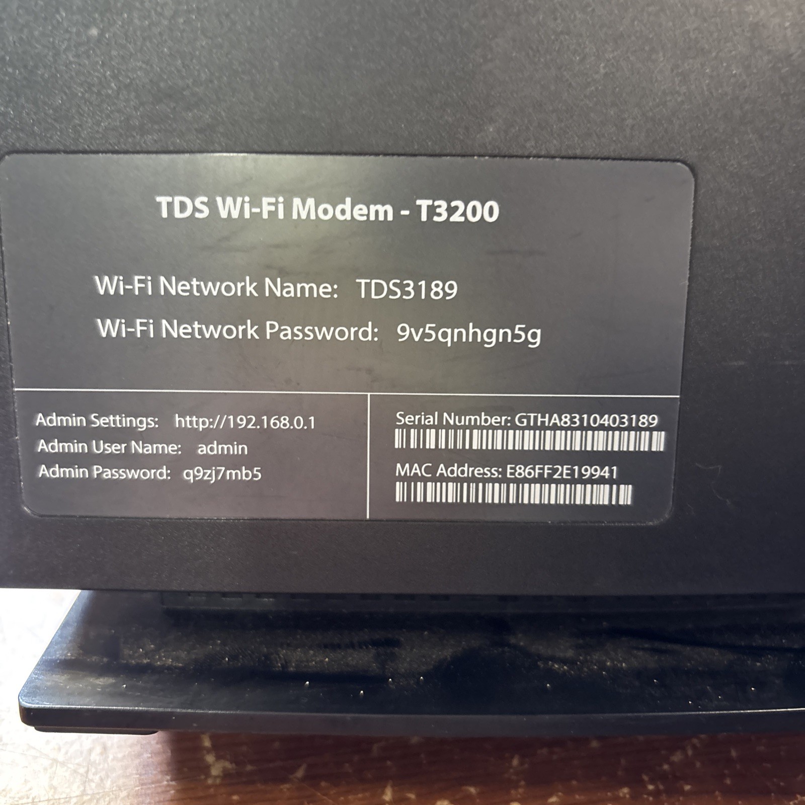 TDS Wi-Fi modem T3200 Wireless AC Gateway Router TDS no charger