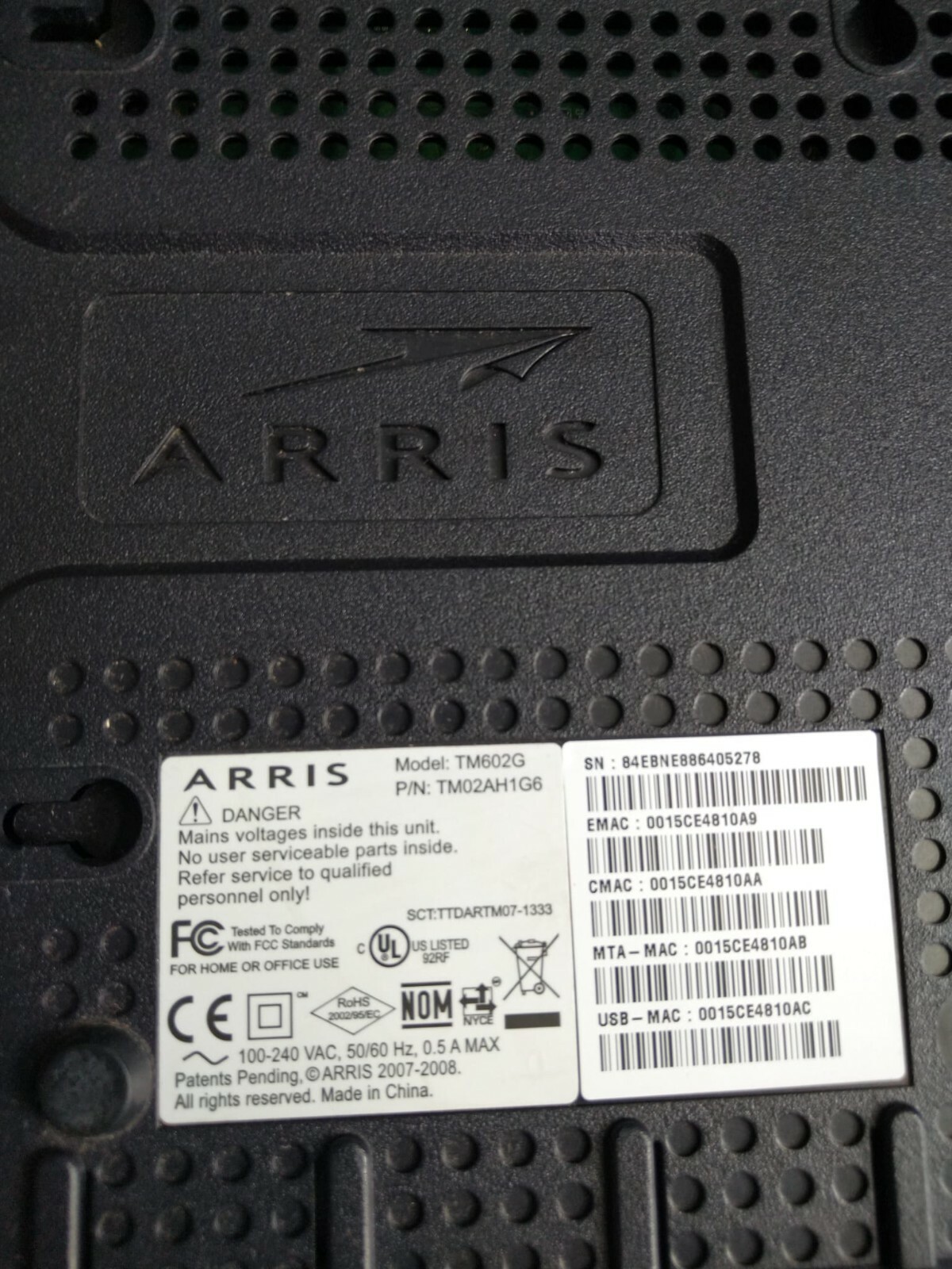 Arris Model: TM602G P/N: TM02AH1G6: Cable Modem: NICE! READ!