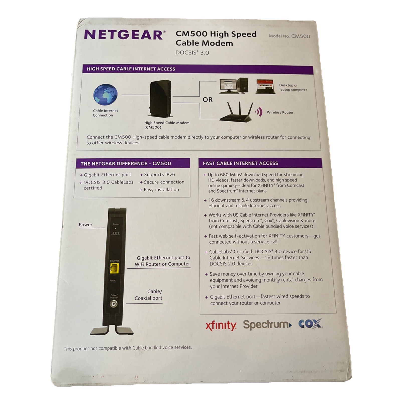NETGEAR CM500 680 Mbps – Black – Tested and working PWR & LAN Cables Included