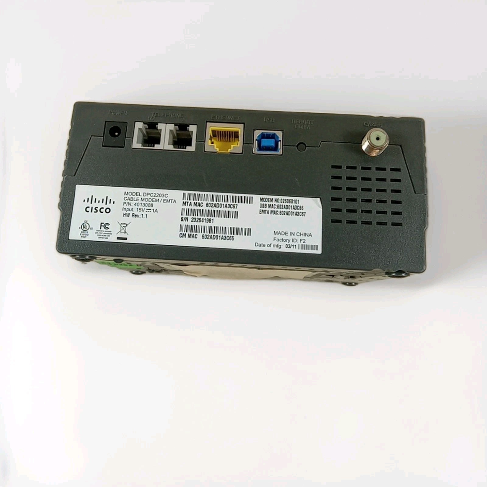 Model DPC2203C voice over Internet Protocol (VoIP) Cable Modem W Power Supply 82