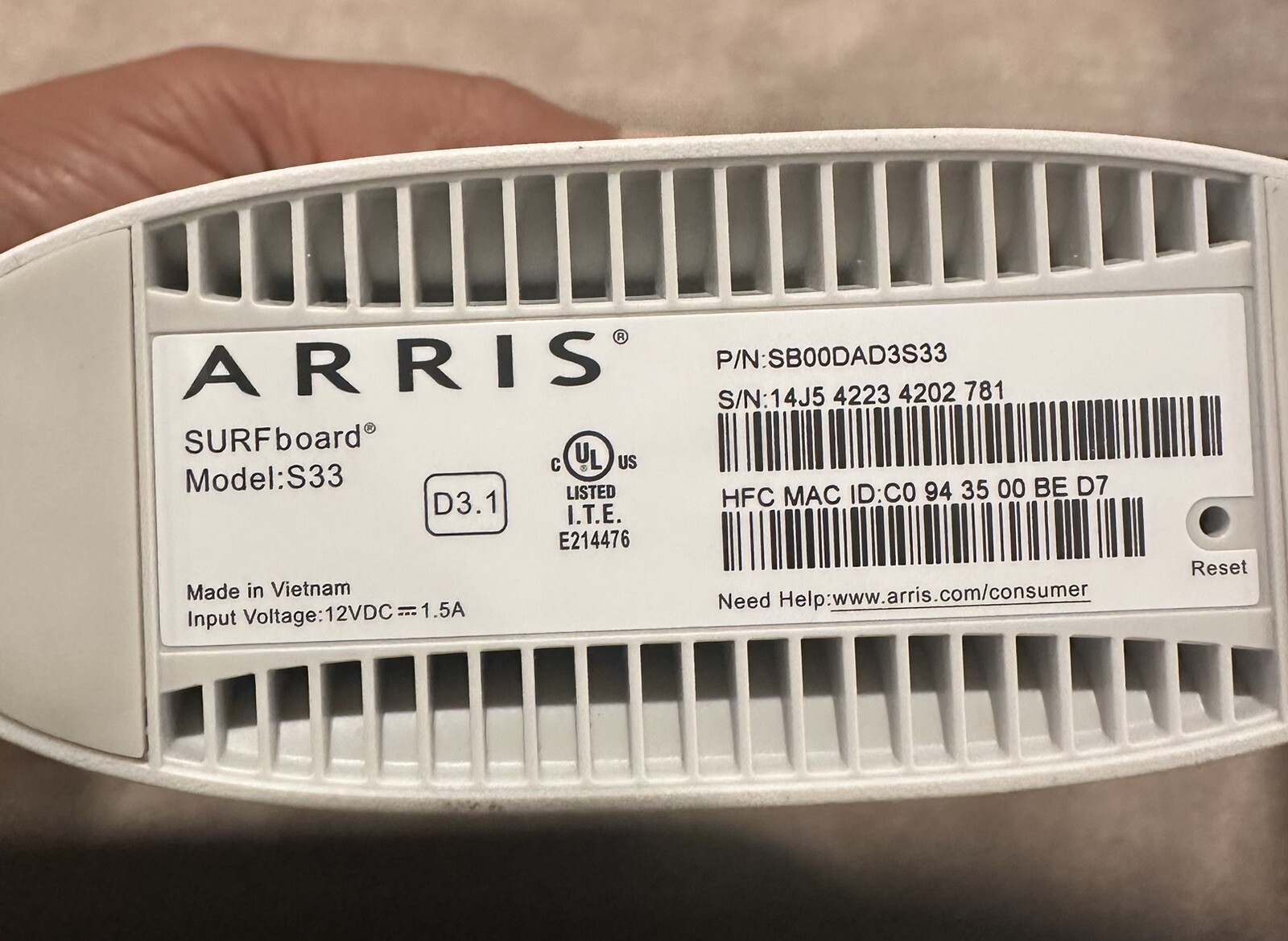 ARRIS S33 SURFboard DOCSIS 3.1 Multi-Gigabit Cable Modem 2.5 Gbps Ethernet Port