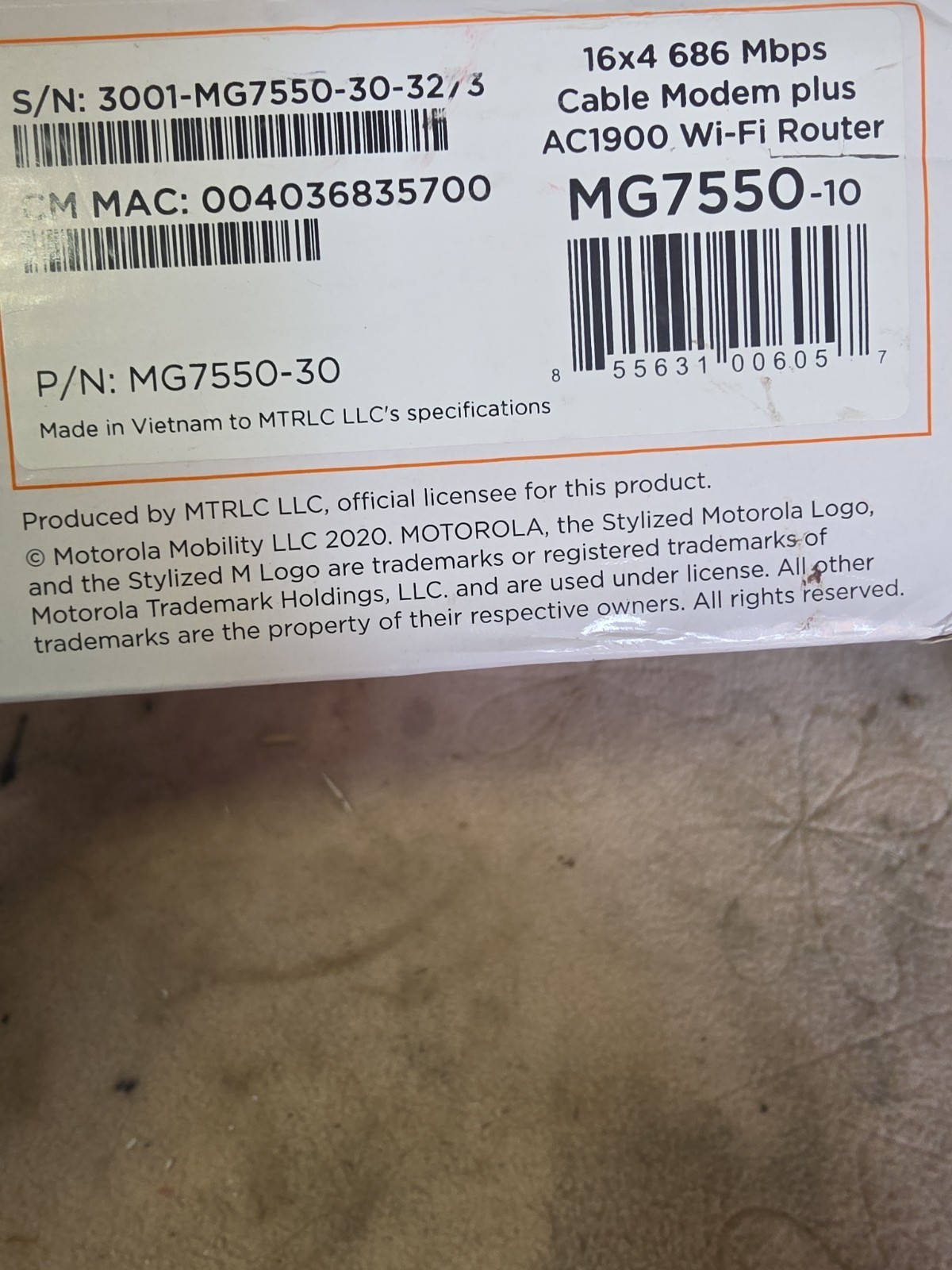 MOTOROLA MG7550-30 AC1900 WIFI ROUTER 16X4 CABLE MODEM PLUS ROUTER