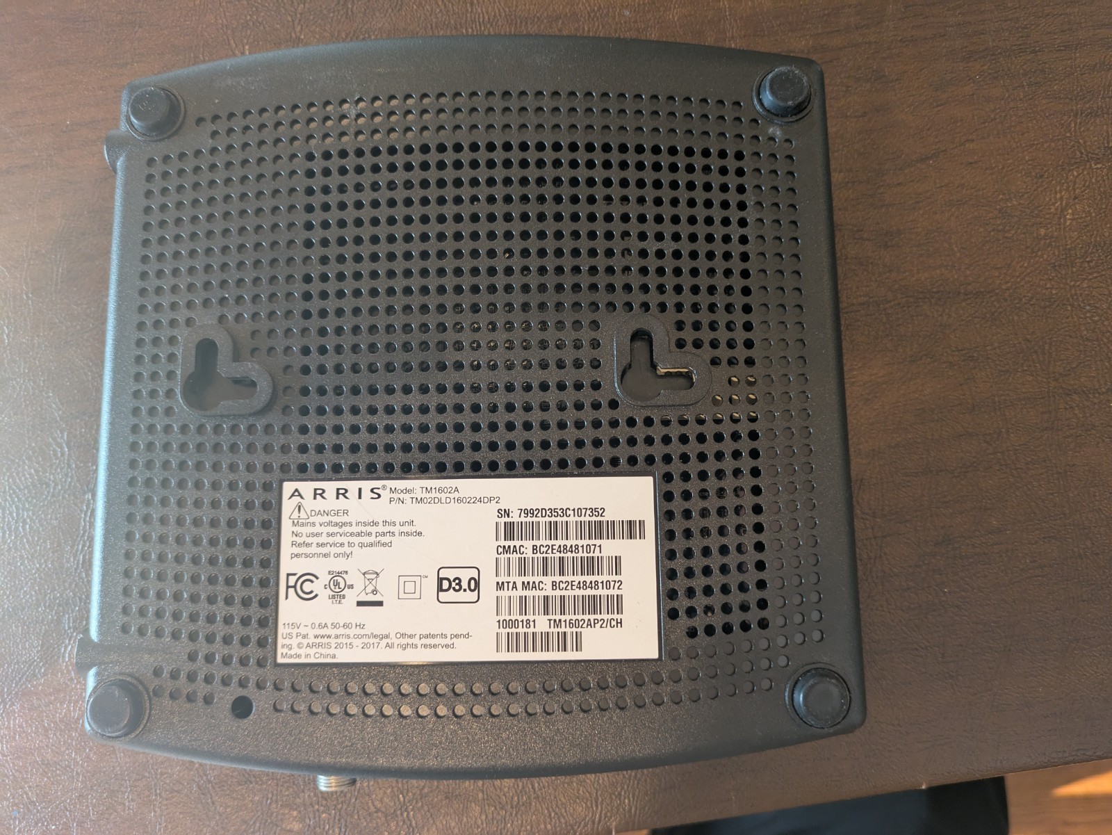 ARRIS TOUCHSTONE TM1602A TELEPHONY CABLE MODEM 3.0 Optimum WOW Cablevision
