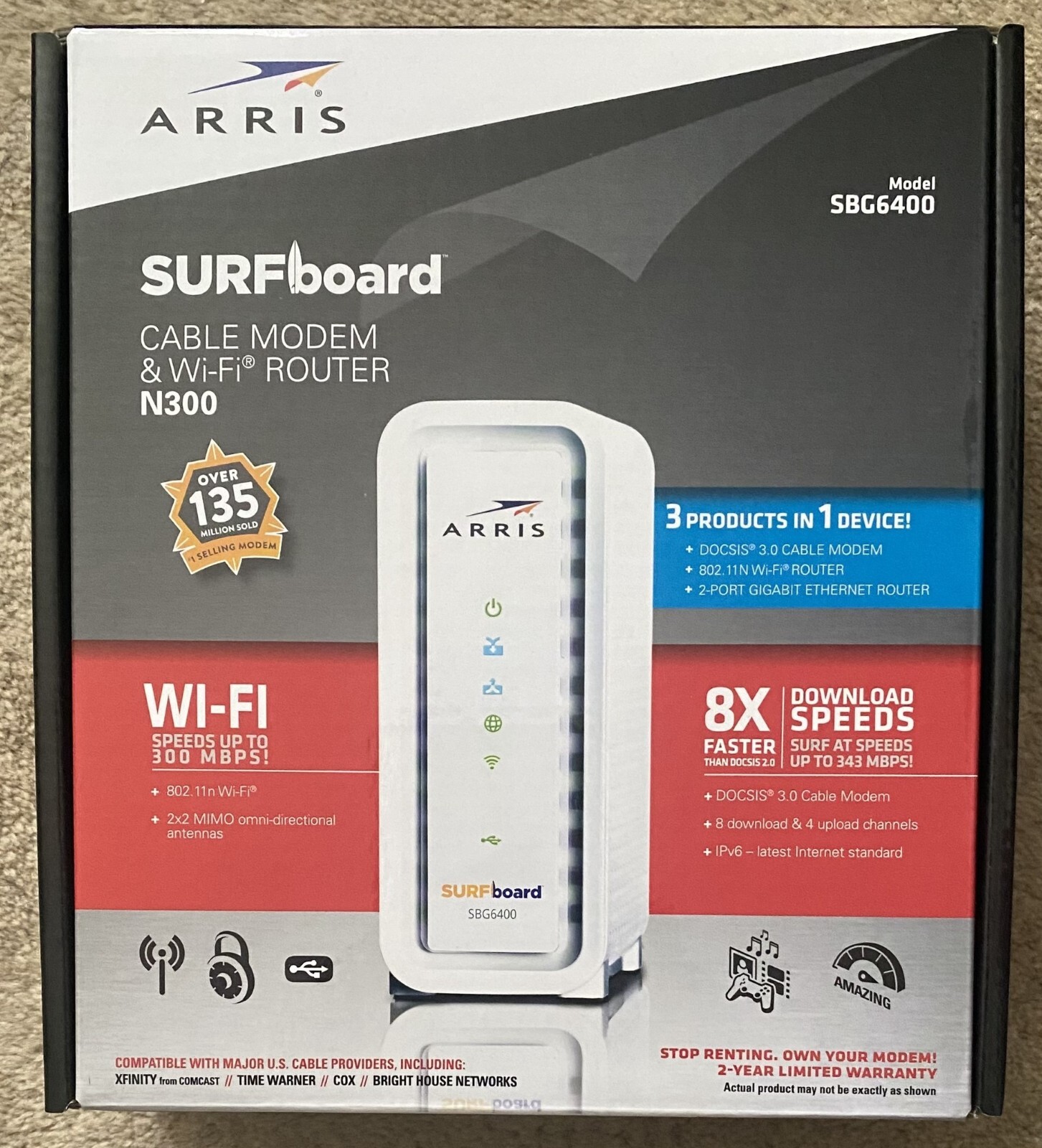 ARRIS SURFboard SBG6400 Cable Modem & Wi-Fi Router N300 – White, Used with Box