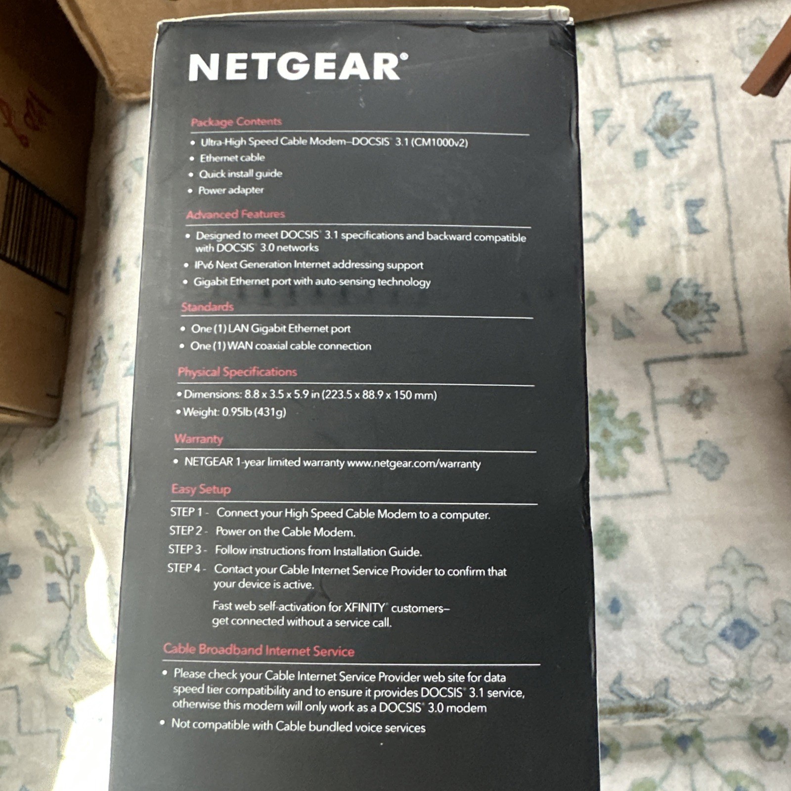 New NETGEAR CM1000-100NAS Cable Modem