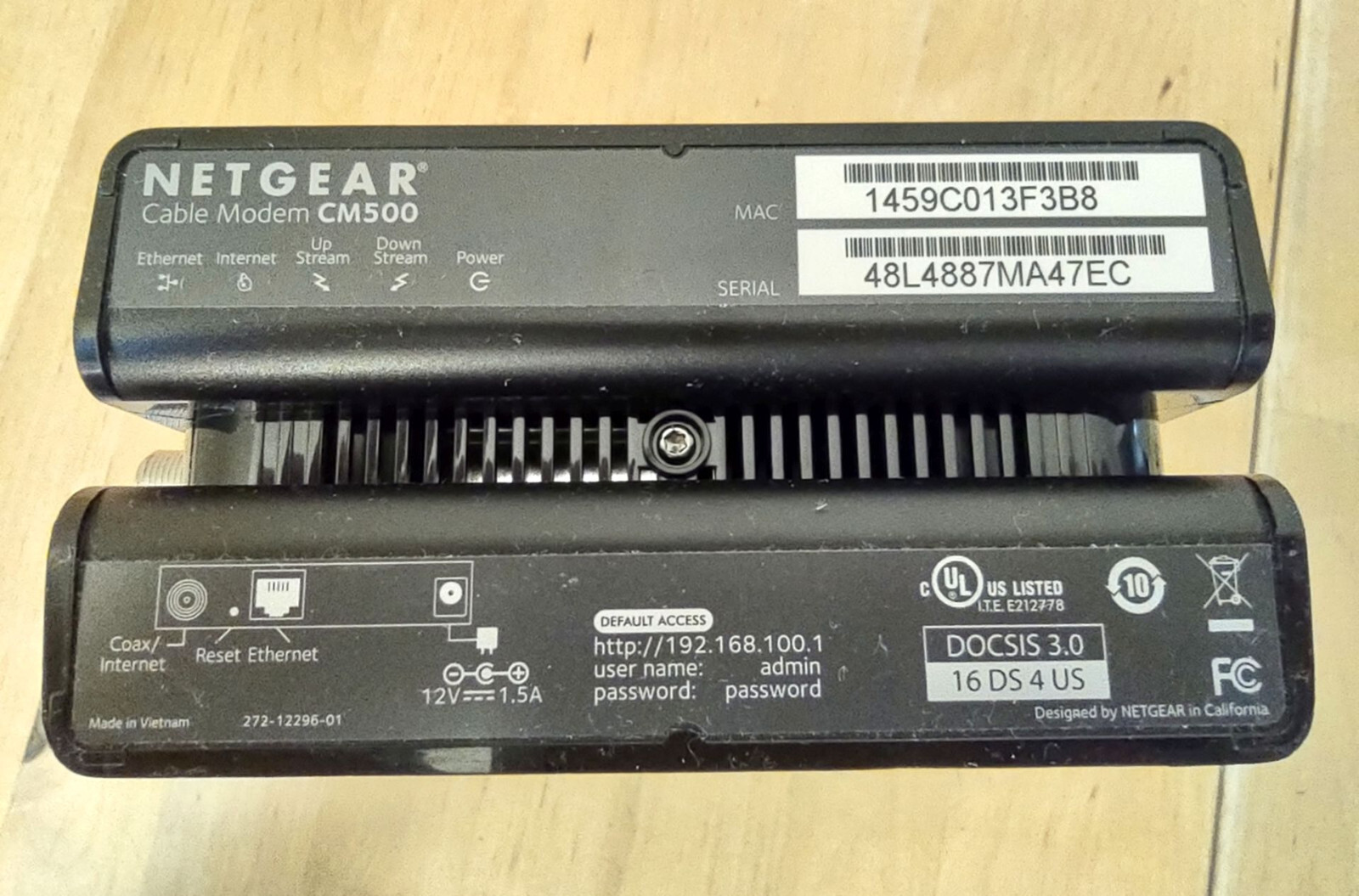 NETGEAR CM500 High Speed Cable Modem DOCSIS 3.0 with Power Adapter and LAN cable