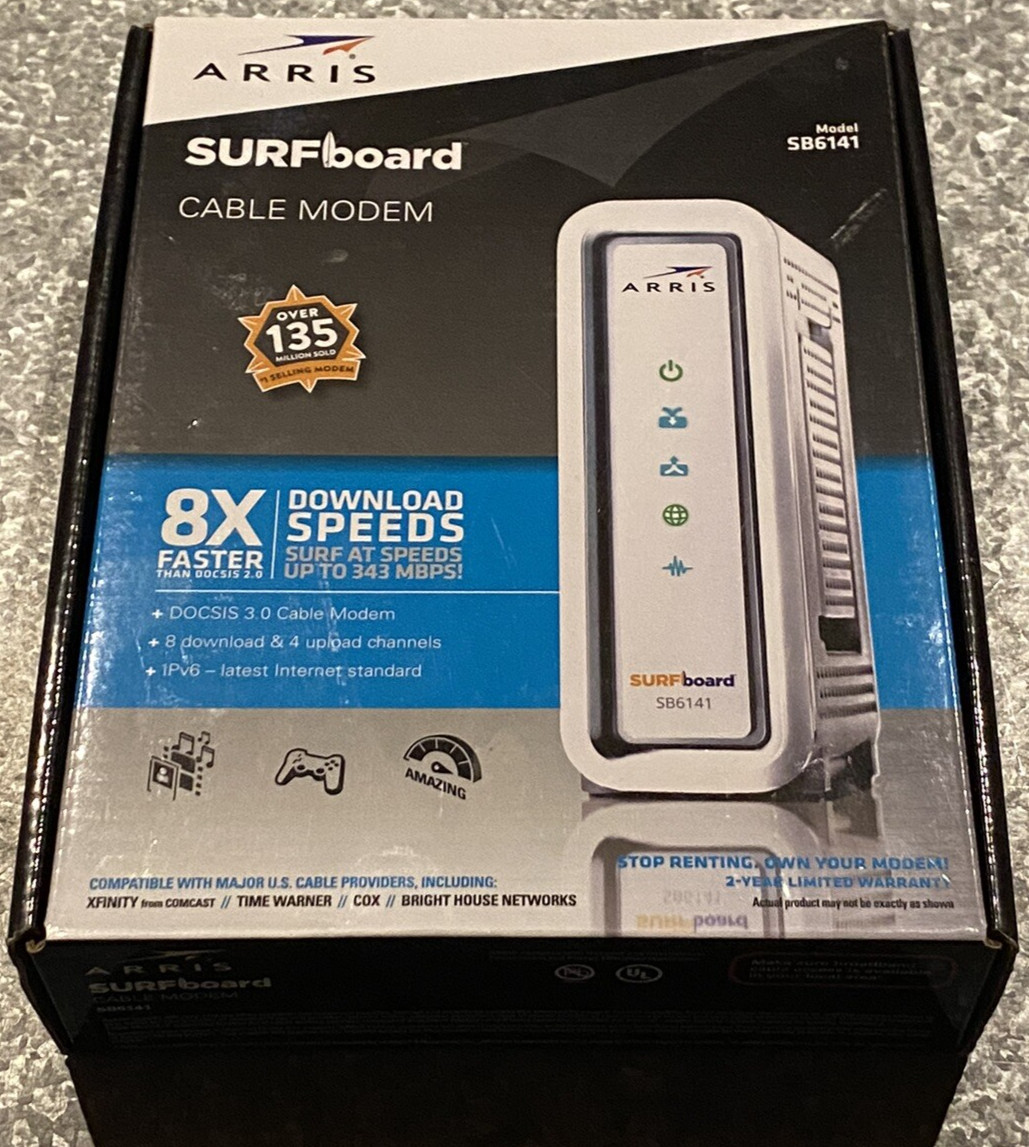 Arris Surfboard 8 x 4 DOCSIS 3.0 Cable Modem w/ Power Adapter Ethernet Cable NIB