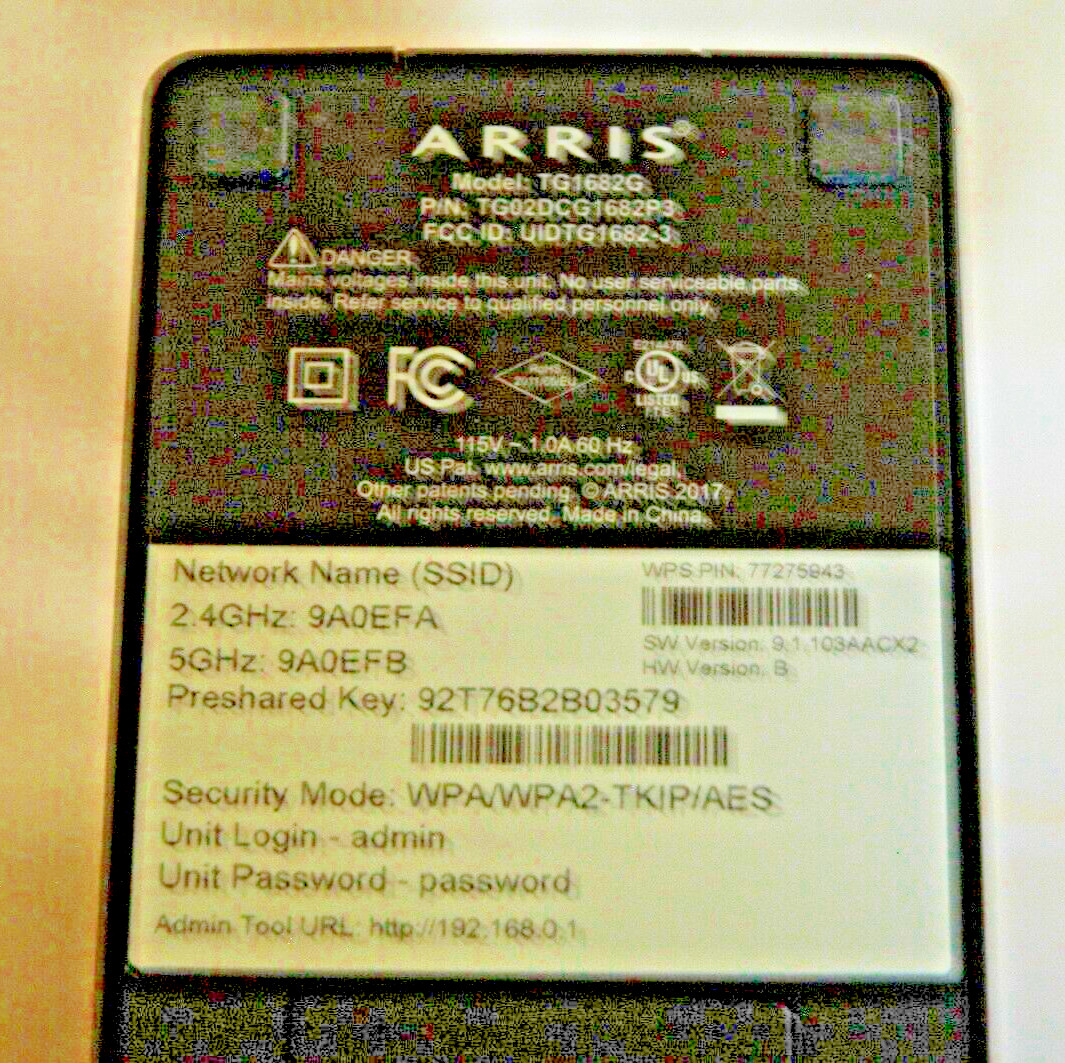 ARRIS Panoramic TG1682G Modem Wireless Dual Band Router Includes Cable and Cord