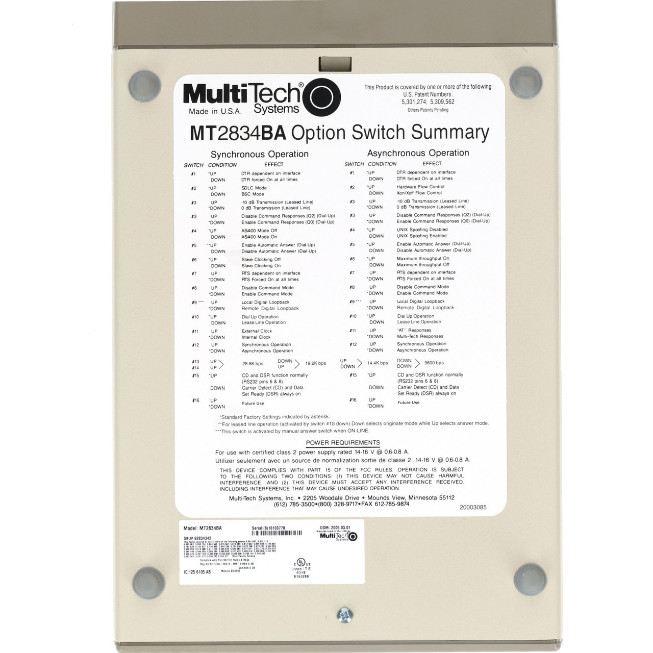 Multitech Systems MT2834BA 28.8K External Data Fax Modem RS232