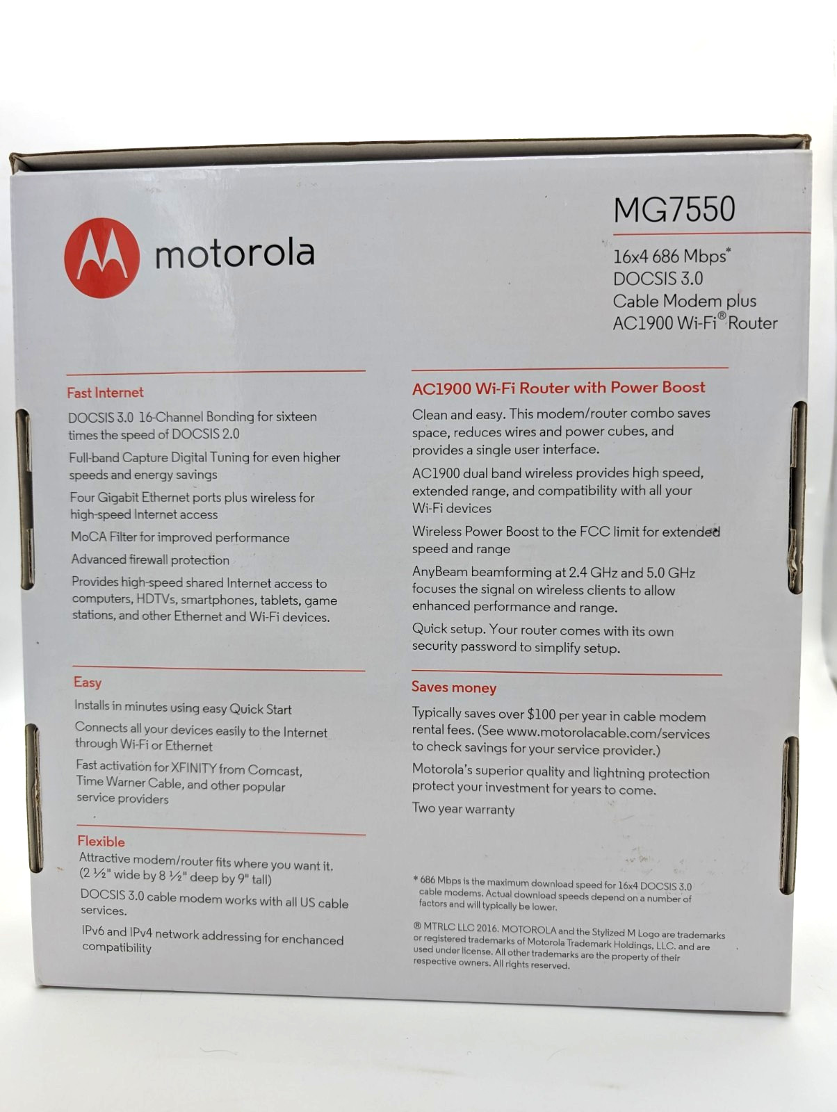 Motorola MG7550 16×4 Cable Modem Plus AC1900 Dual Band WiFi Router DOCSIS 3.0