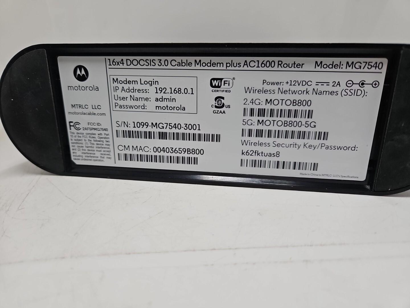 Motorola MG7540 16×4 DOCSIS 2.0 Cable Modem AC1600 Dual Band Router FOR PARTS