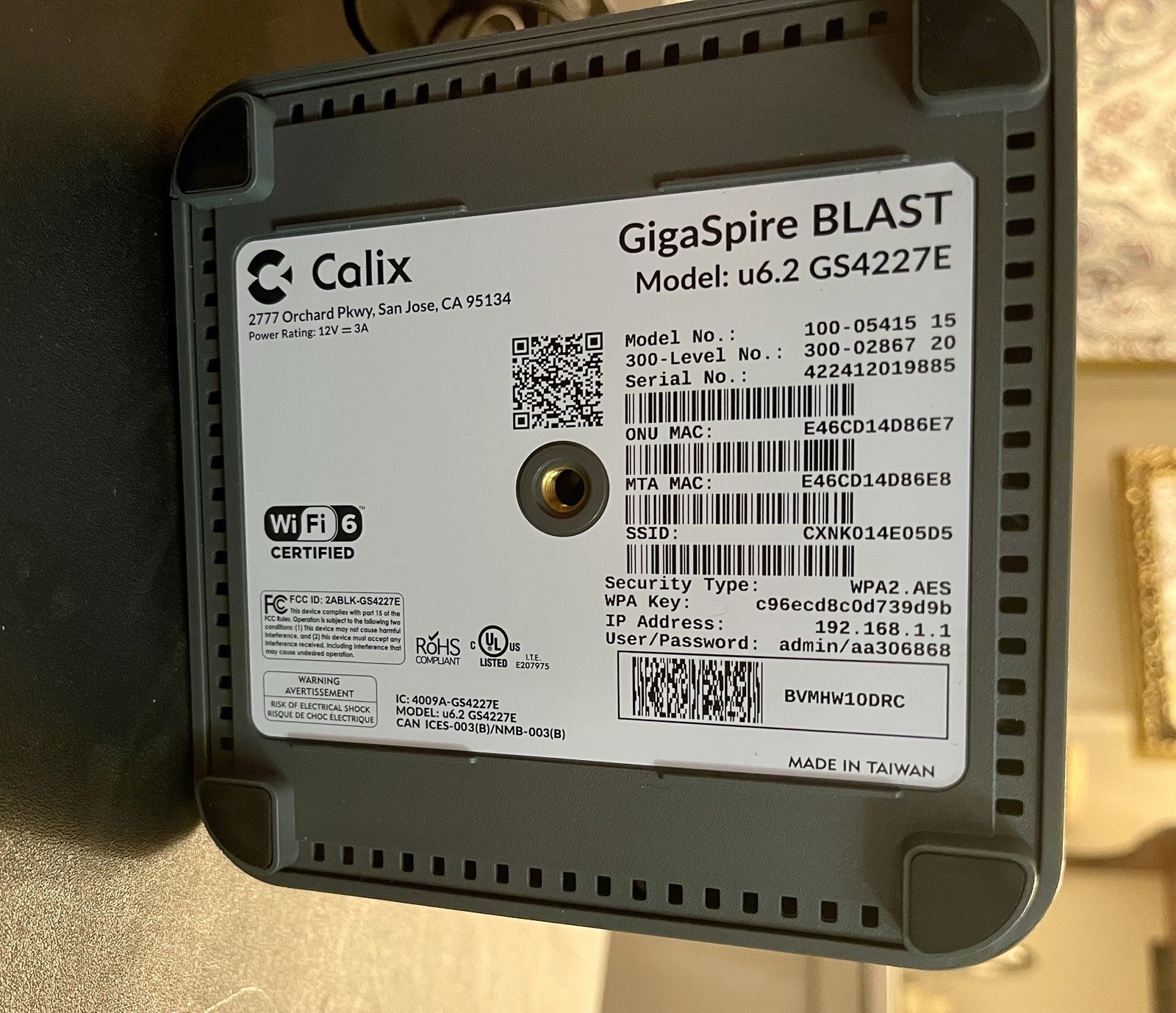Calix GigaSpire Blast U6.2 GS4227E Wireless Router w/Power Supply&Cables Tested