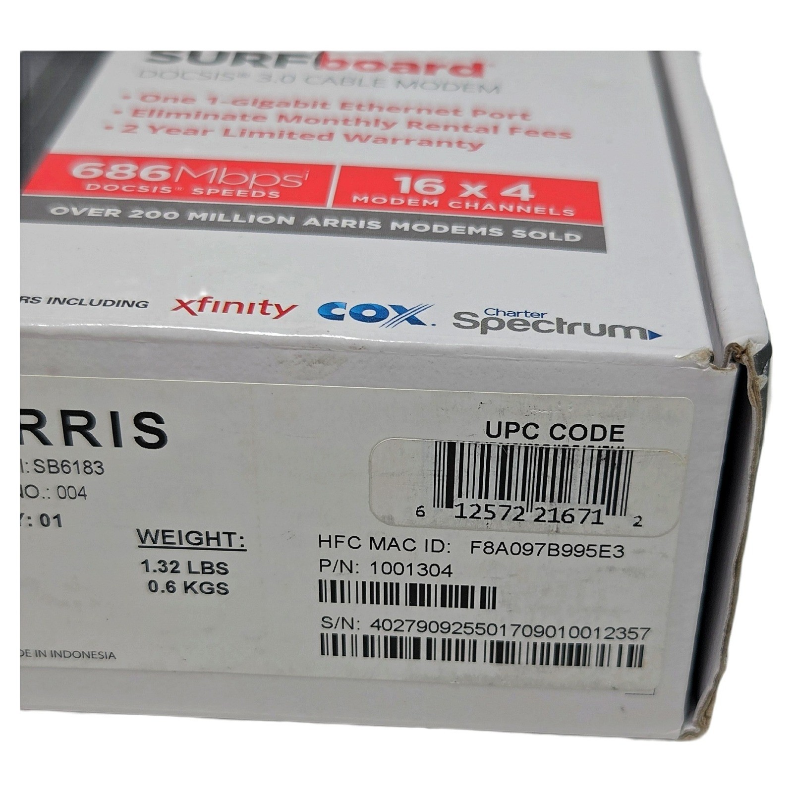 Arris SB6183 UPC 612572216712 DOCSIS 3.0 Surfboard Modem 686 Mbps Black NWT New