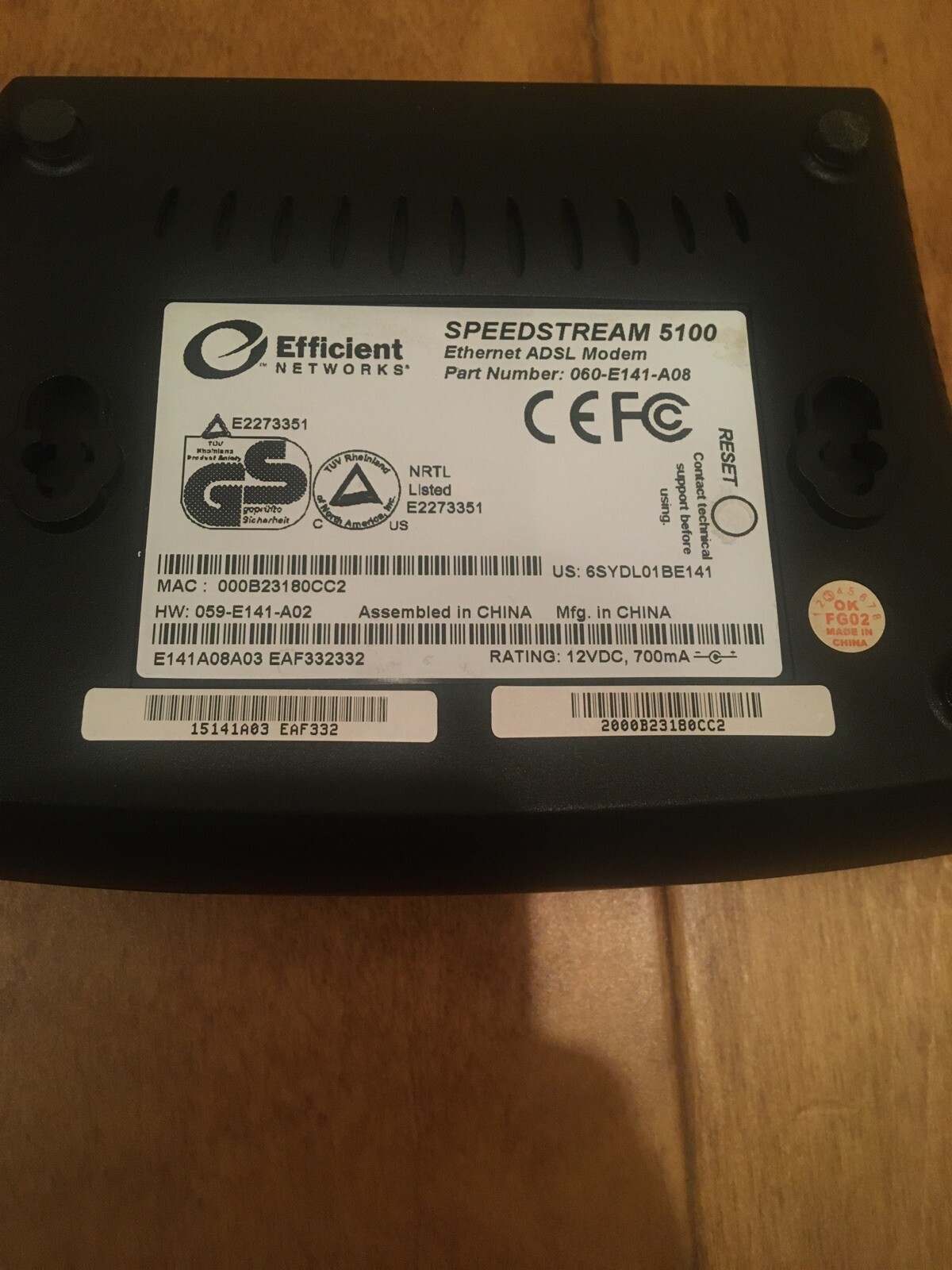 Efficient Networks SpeedStream 5100 Ethernet ADSL Modem 060-E141-A08 AC Adapter