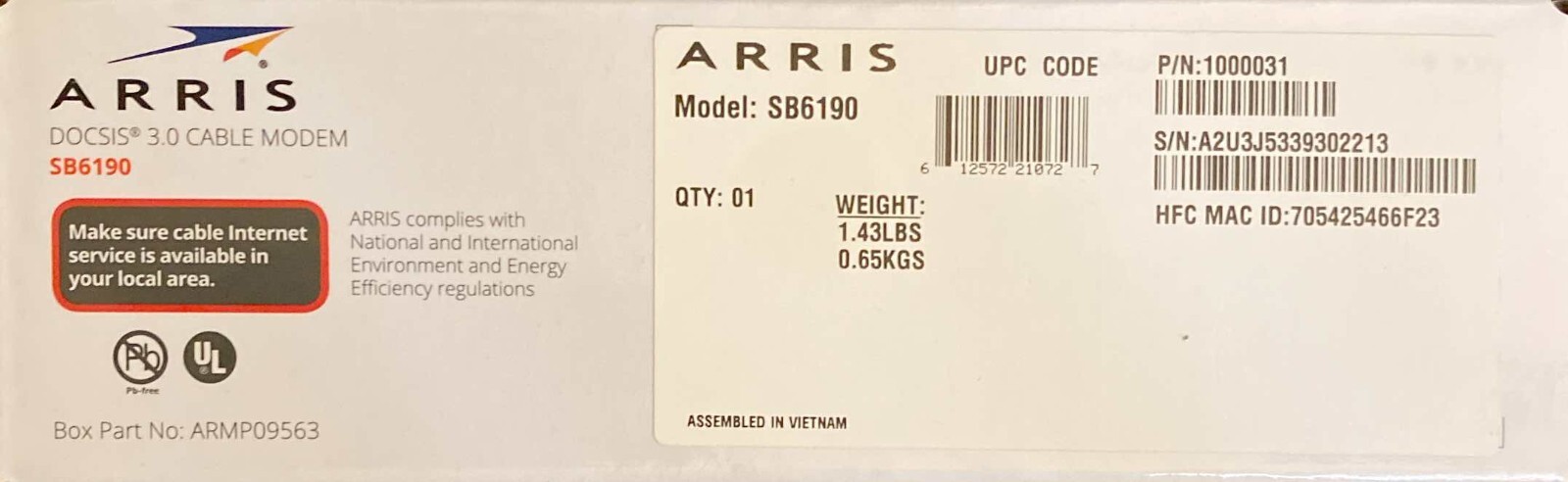 ARRIS Surfboard SB6190 – 32×8 Docsis 3.0 Cable Modem – Black P (Never Used)