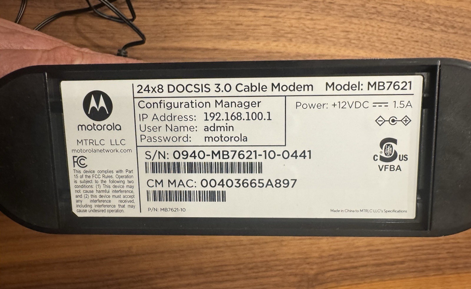 Motorola MB7621 24×8 DOCSIS 3.0 Cable Modem Router Black