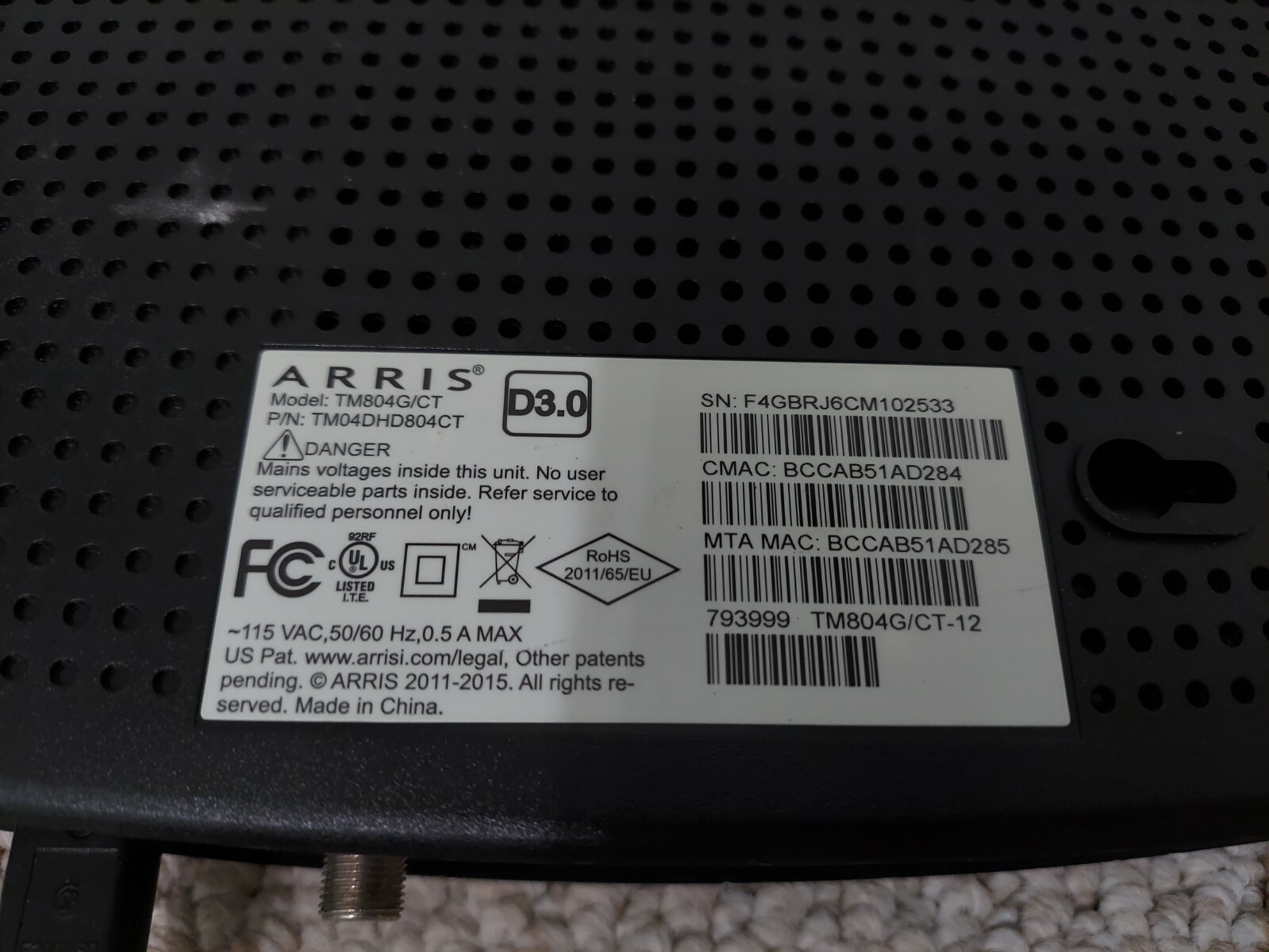 ARRIS Touchstone TM804G/CT DOCSIS 3.0 Telephony Modem TM804 – Black
