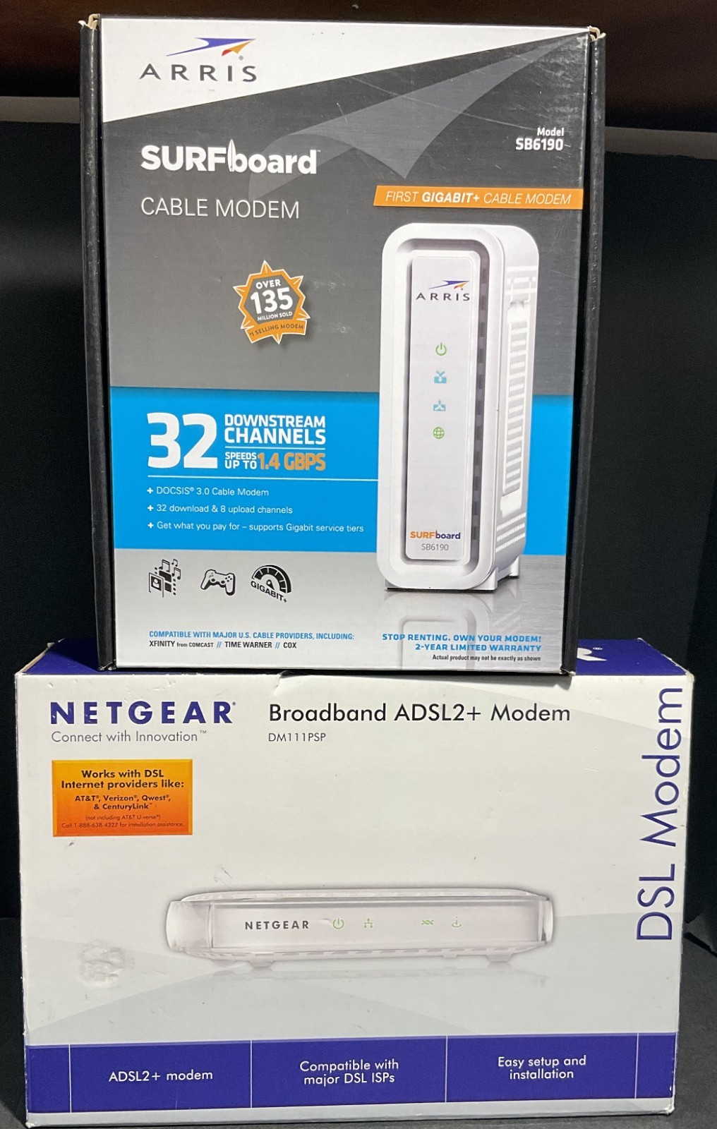 NETGEAR DM111PSP ADSL2+ Modem AND Arris SB6190 Cable Modem – NO Power Cords