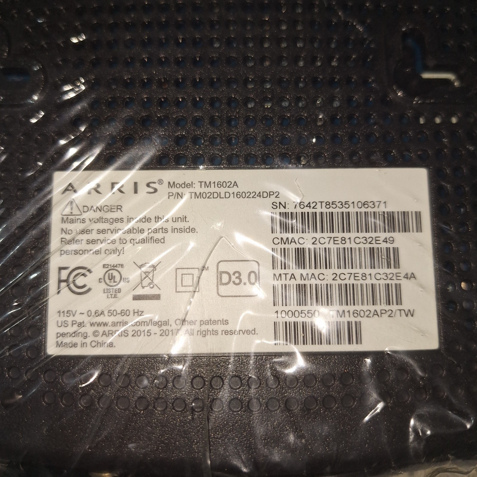 Arris TM1602A DOCSIS 3.0 Telephony Cable Modem Optimum WOW Cablevision Charter