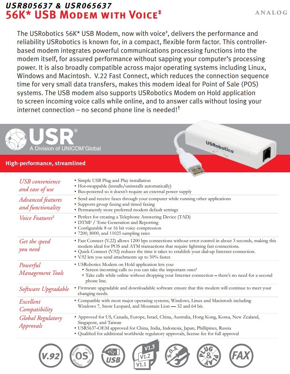 US Robotics USR5637 External USB 56K V.92/V.90 Fax Modem