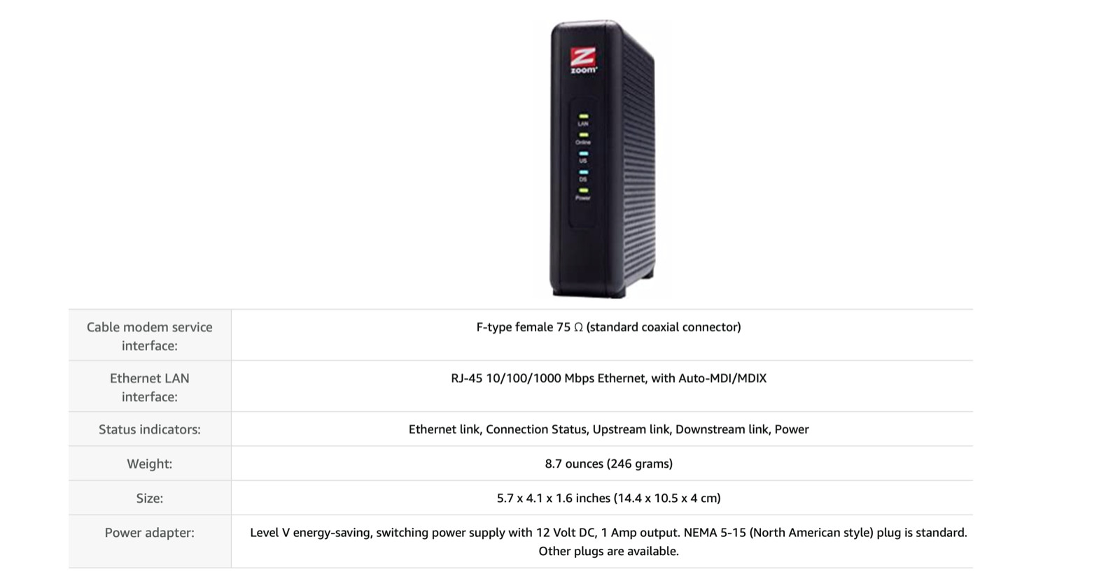 Zoom Cable Modem model 5354, 343 Mbps, Certified by Comcast XFINITY