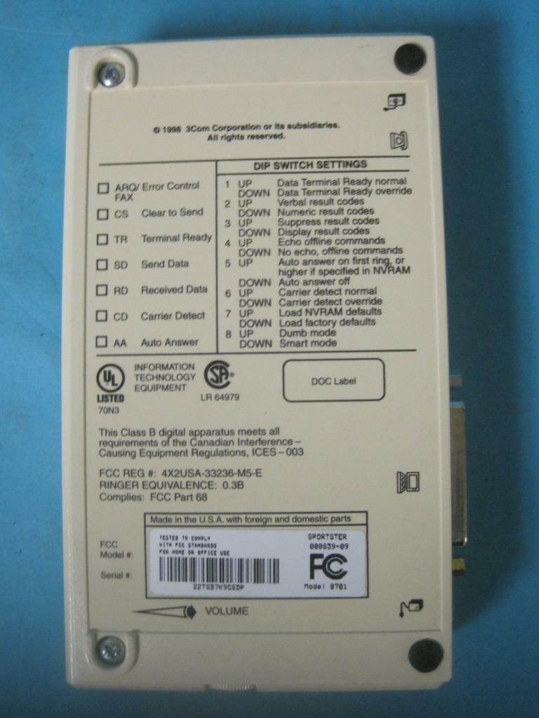 US ROBOTICS 33.6 FAXMODEM SPORTSTER USED FCC 4X2USA-33236-M5-E W/ POWER SUPPLY