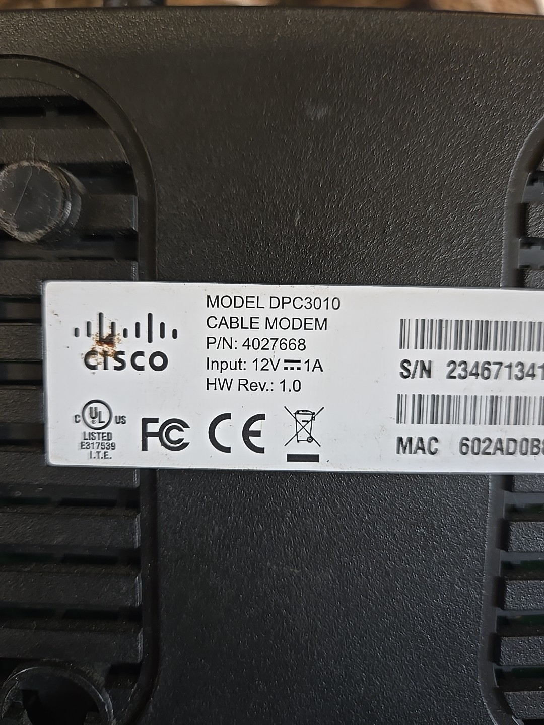 Cisco DPC3010 Cable Modem With Power Cord Black – Works!