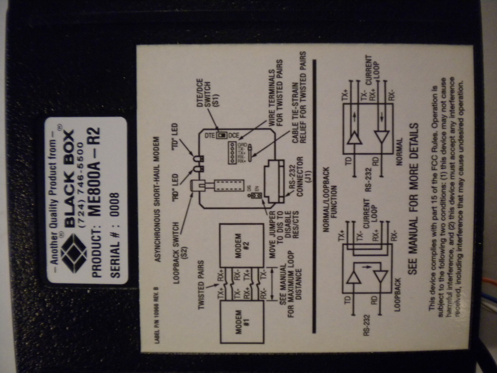 Black Box ME800A-R2 Async Short Haul Modem w/Power Supply