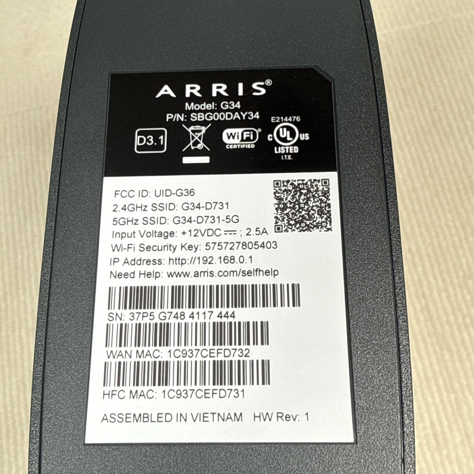 Arris Model G34 Cable Modem/ Router –Dual Band