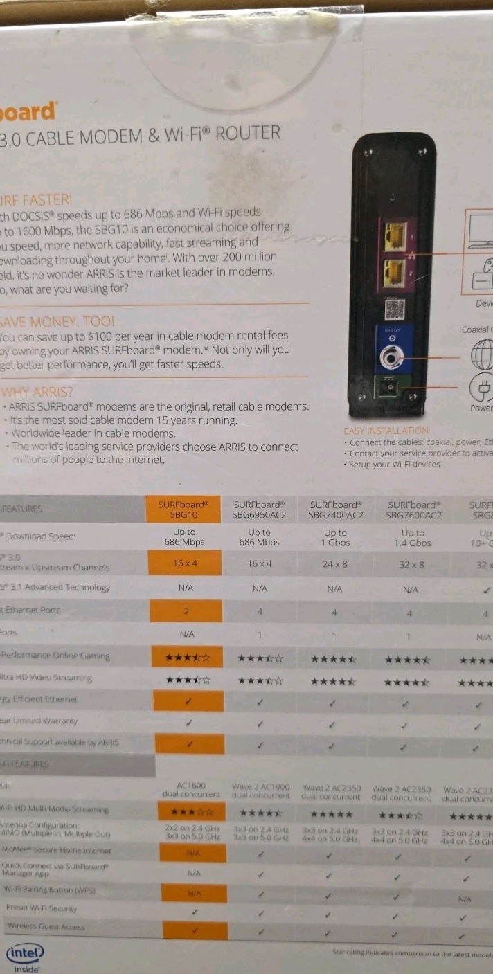 ARRIS SURFboard SBG10 DOCSIS 3.0 16×4 Gigabit Cable Modem & AC1600 Wi-Fi 5 (New)