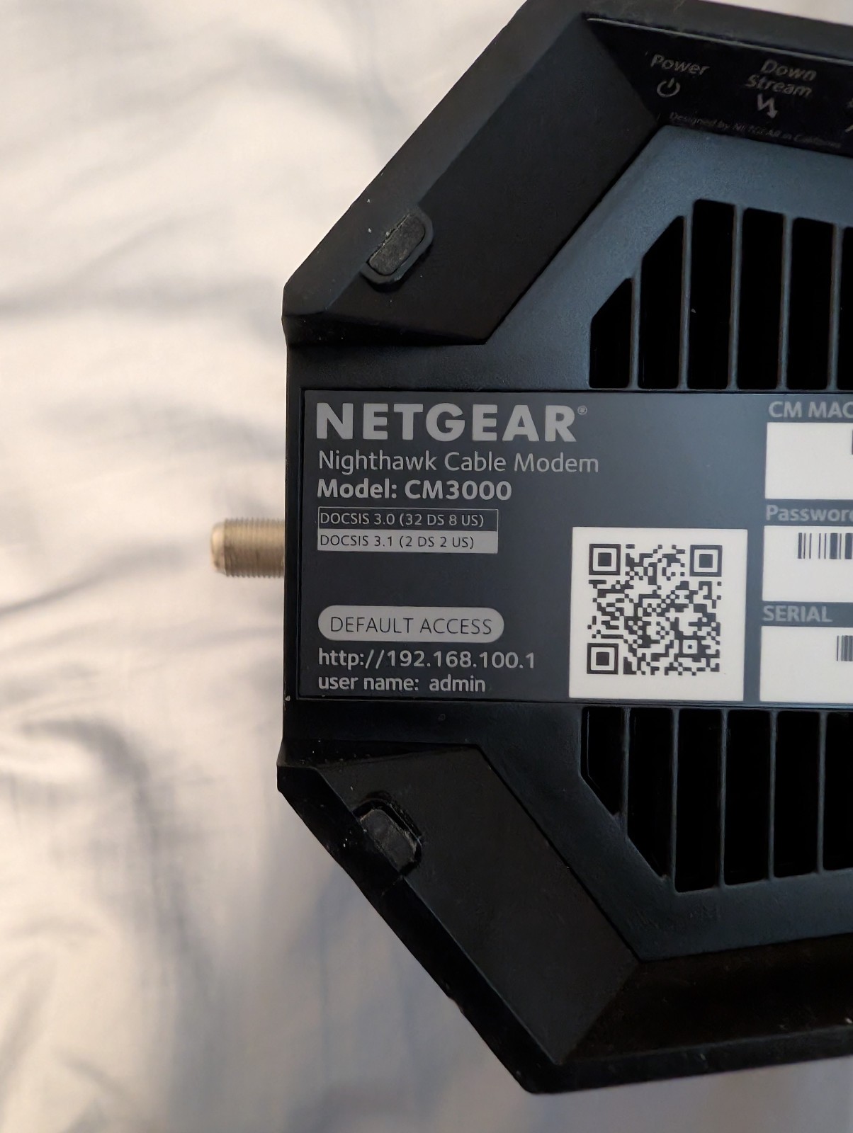 NETGEAR Nighthawk CM3000 DOCSIS 3.1 Mid/high-Split Cable Modem, Black