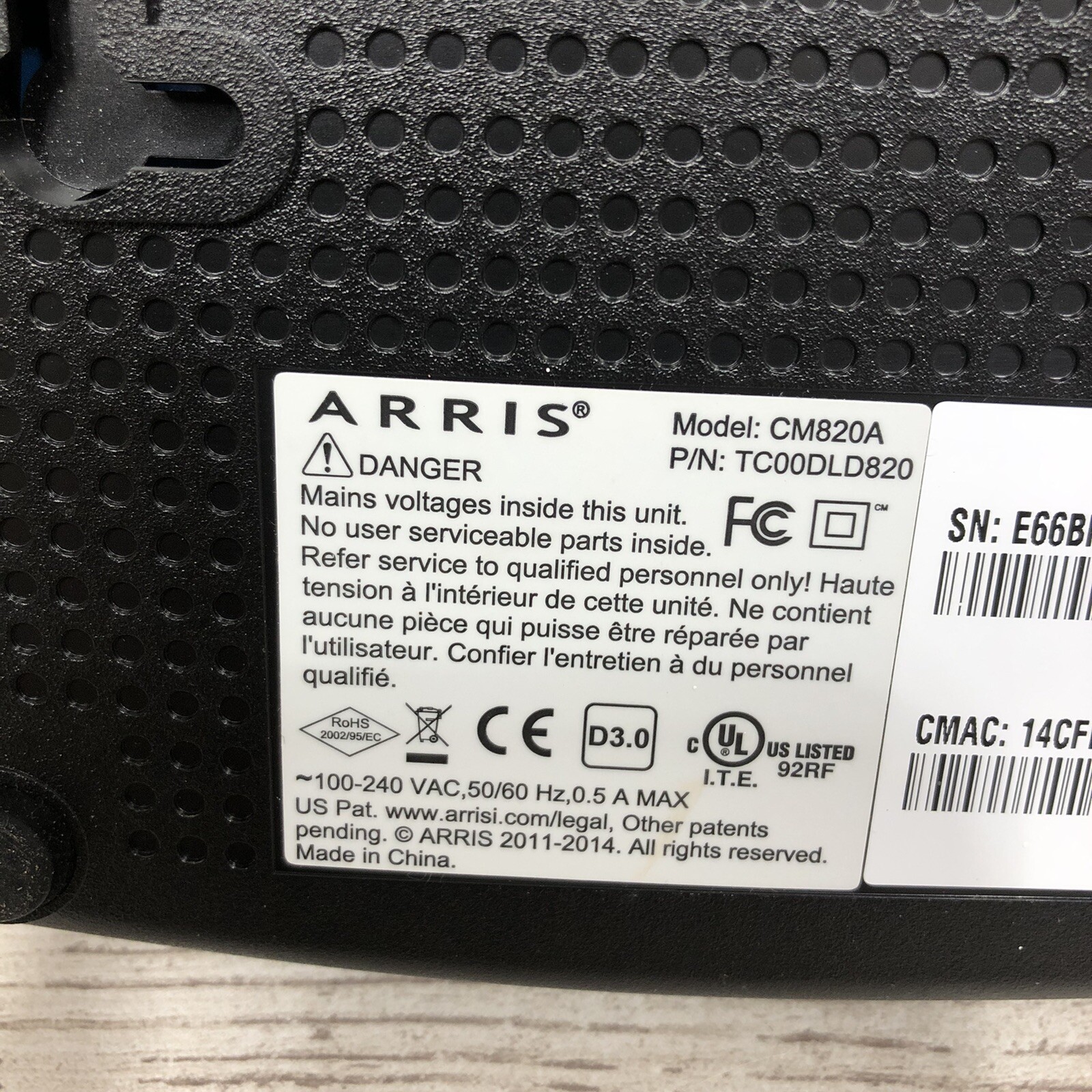 Arris CM820A/SL DOCSIS 3.0 Cable Modem TC00DLD820 8×4 Used with power cord