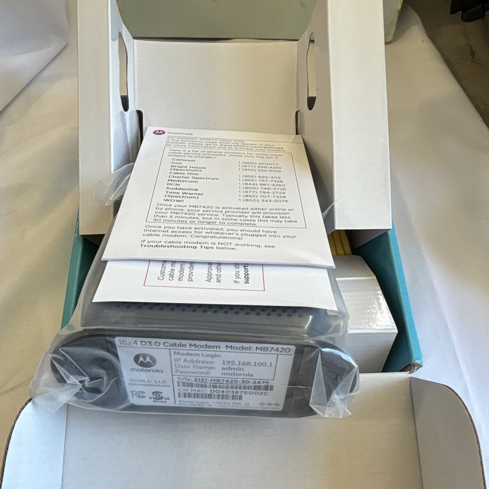Motorola MB7420 Cable Modem DOCSIS 3.0 16×4 686 Mbps Xfinity Cox Spectrum