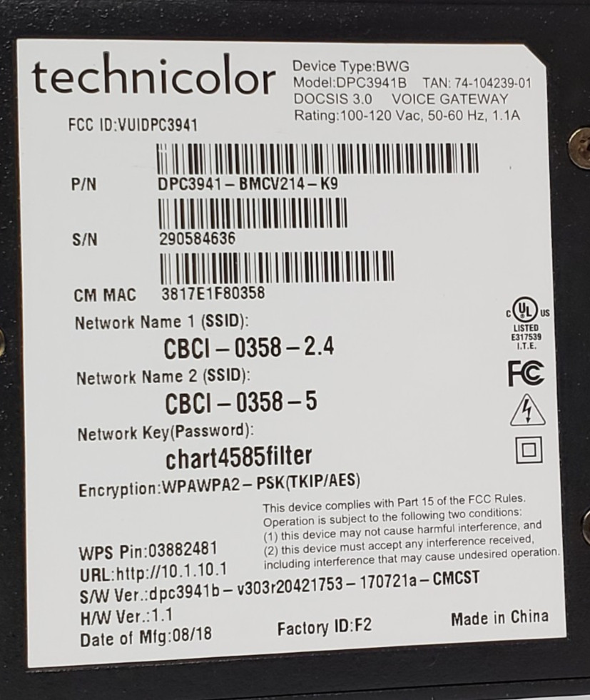 Comcast Business Technicolor DPC3941-BMCV214-K9 Wifi Cable Docsis 3 Modem Router