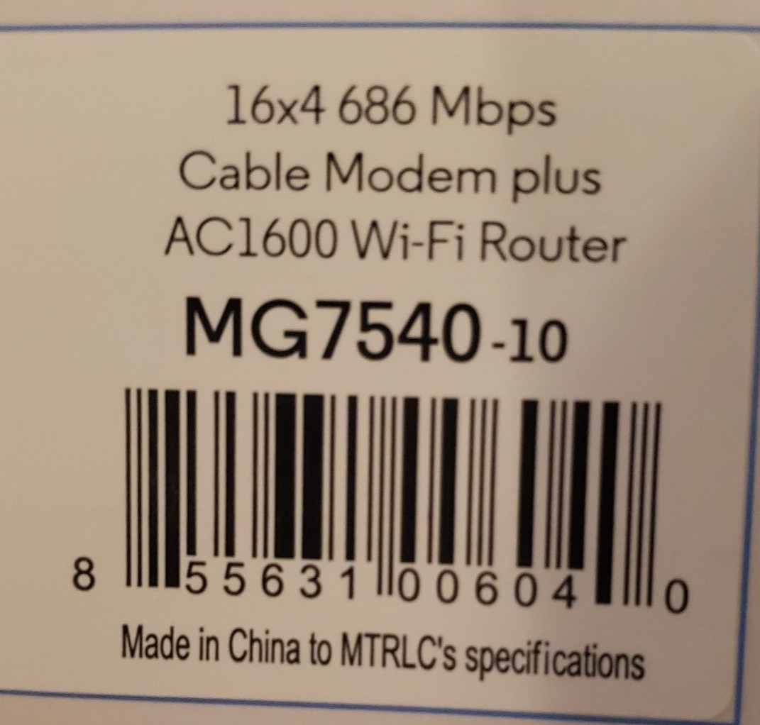 Motorola MG7540 16×4 Cable Modem + AC1600 Router Dual Band 3.0 Black See Desc.