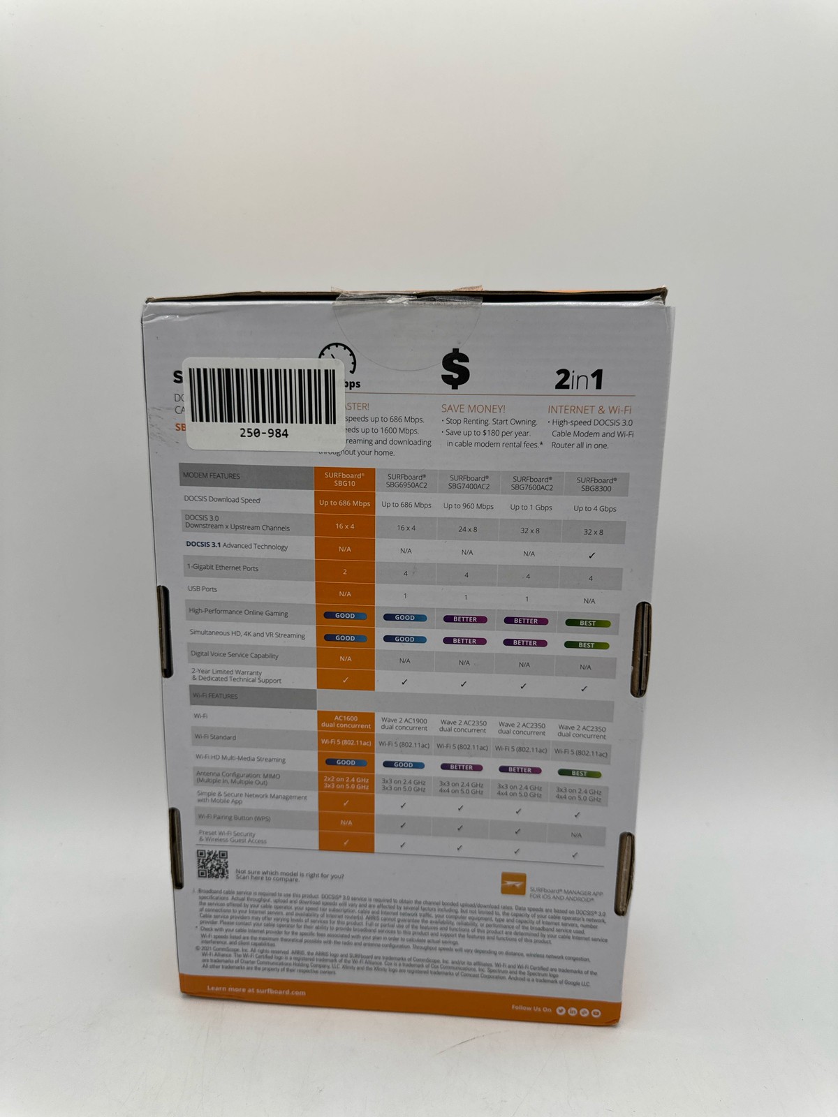 ARRIS SBG10 Cable Modem Router Combo DOCSIS 3.0 Gigabit AC1600 WiFi Black