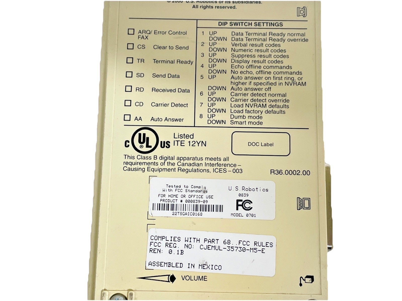 Us Robotics 0701 Faxmodem External 56K Power Supply