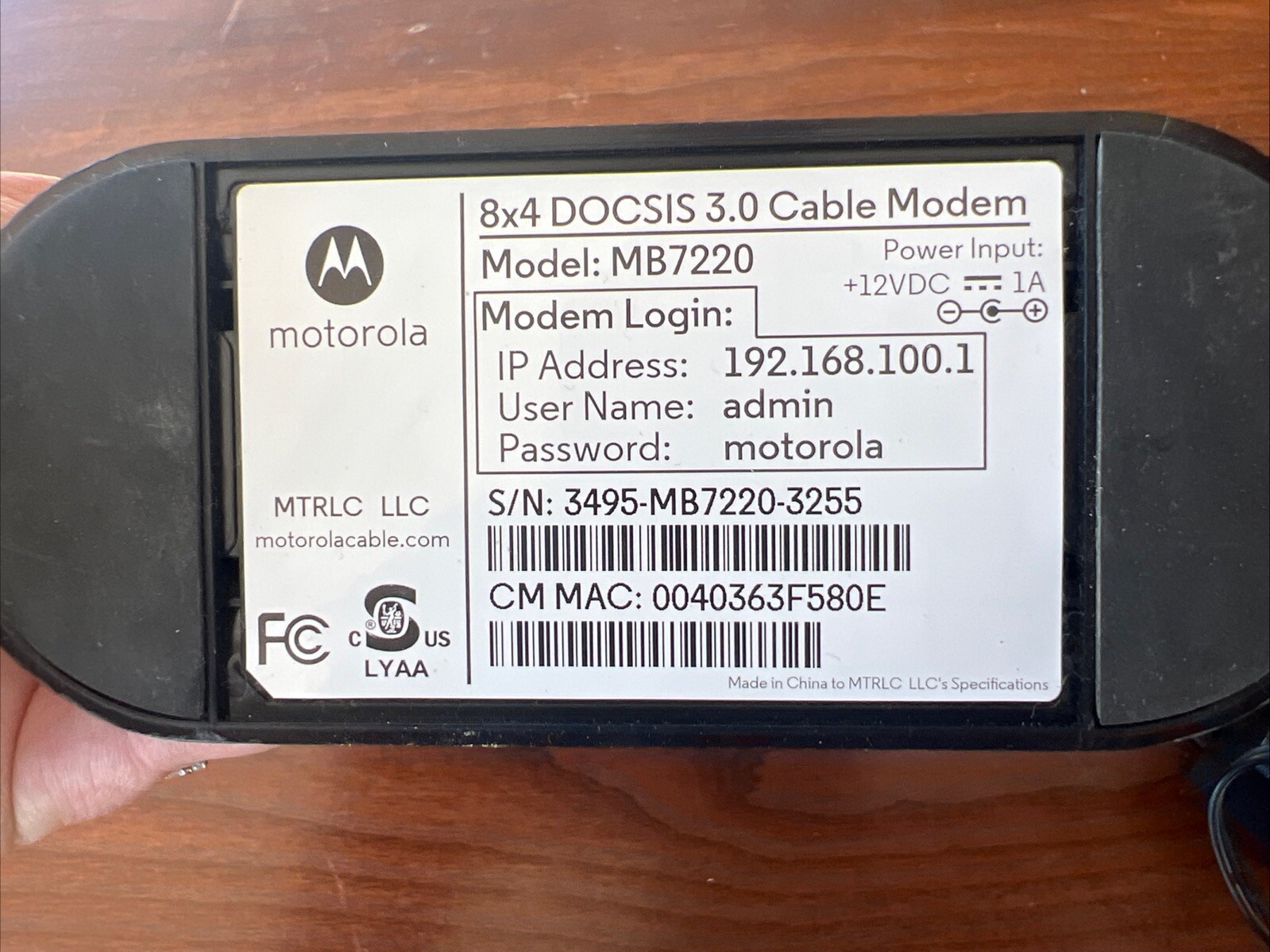 Motorola 8×4 Cable Modem, Model MB 7220, Docsis 3.0 w/ Power Adapter Tested