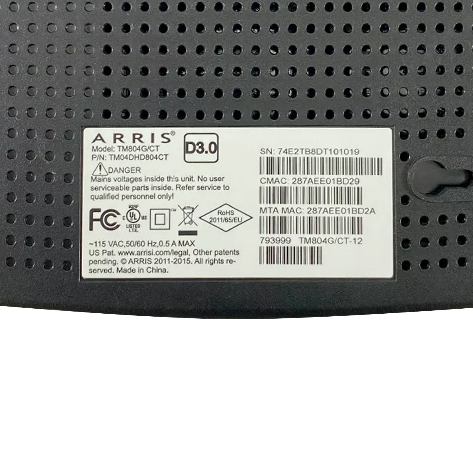 Arris Touchstone TM804G/CT Telephony Cable Modem Docsis 3.0 NO Adapter
