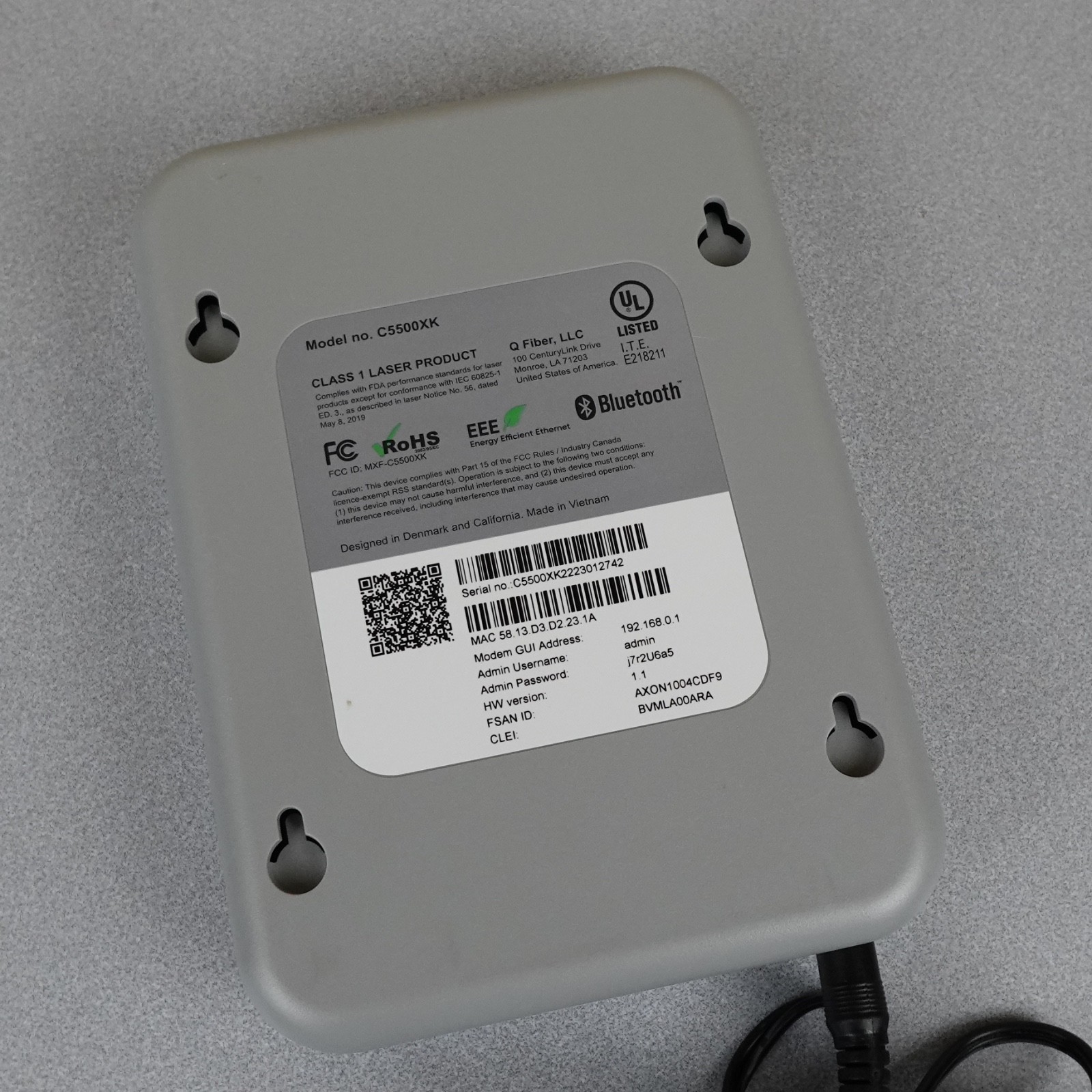 Quantum Fiber C5500XK High Performance Modem AC Power Adapter Good