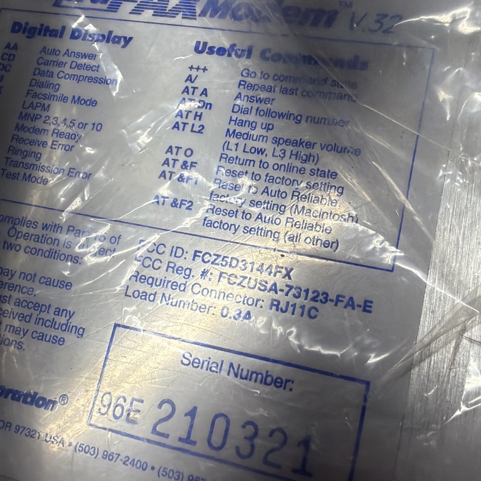 Supra FAX Modem V.32bis FCZ5D3144FX – With Power Cord
