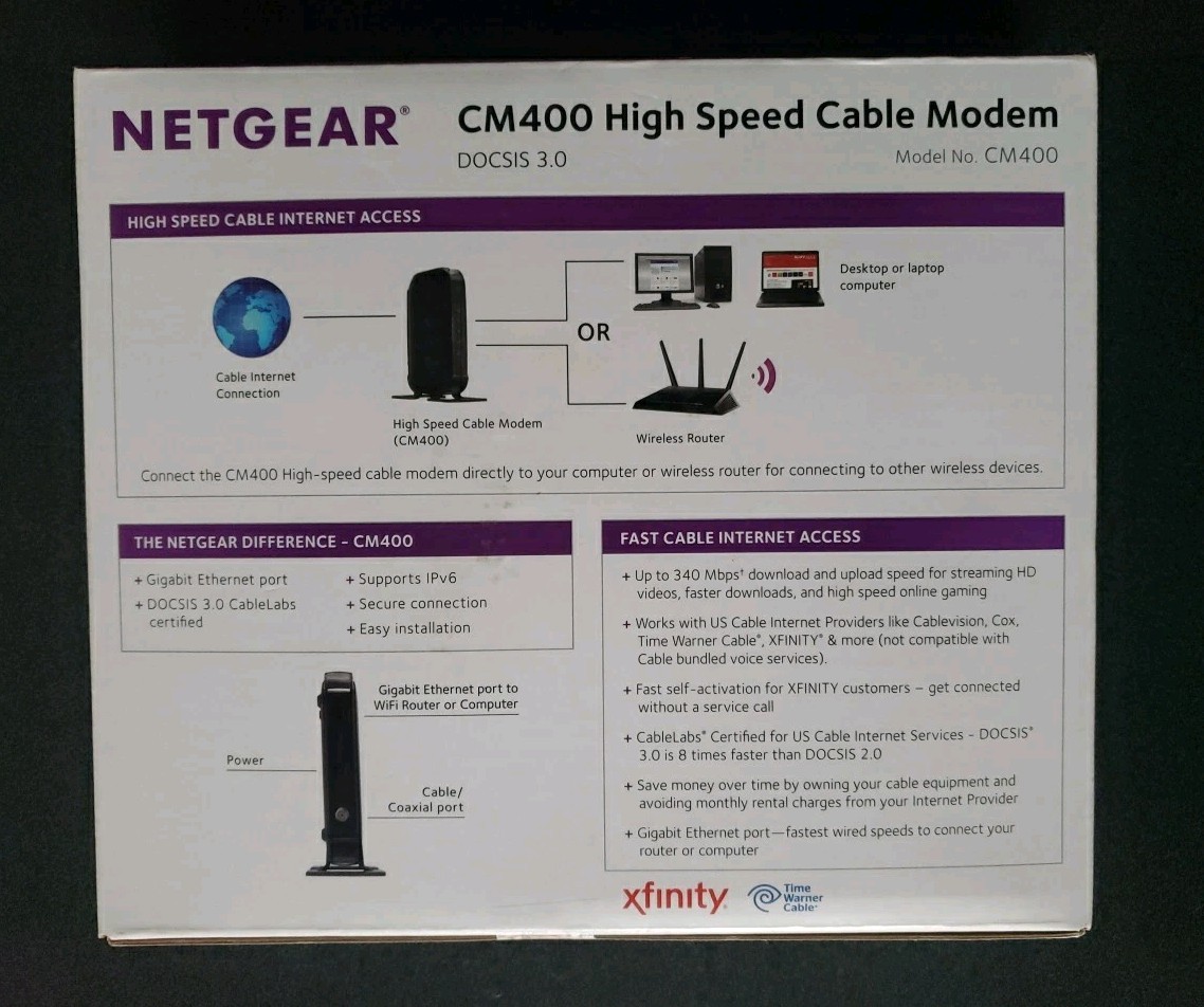 Netgear CM400 High Speed Cable Modem DOCSIS 3.0 Xfinity & Time Warner NEW