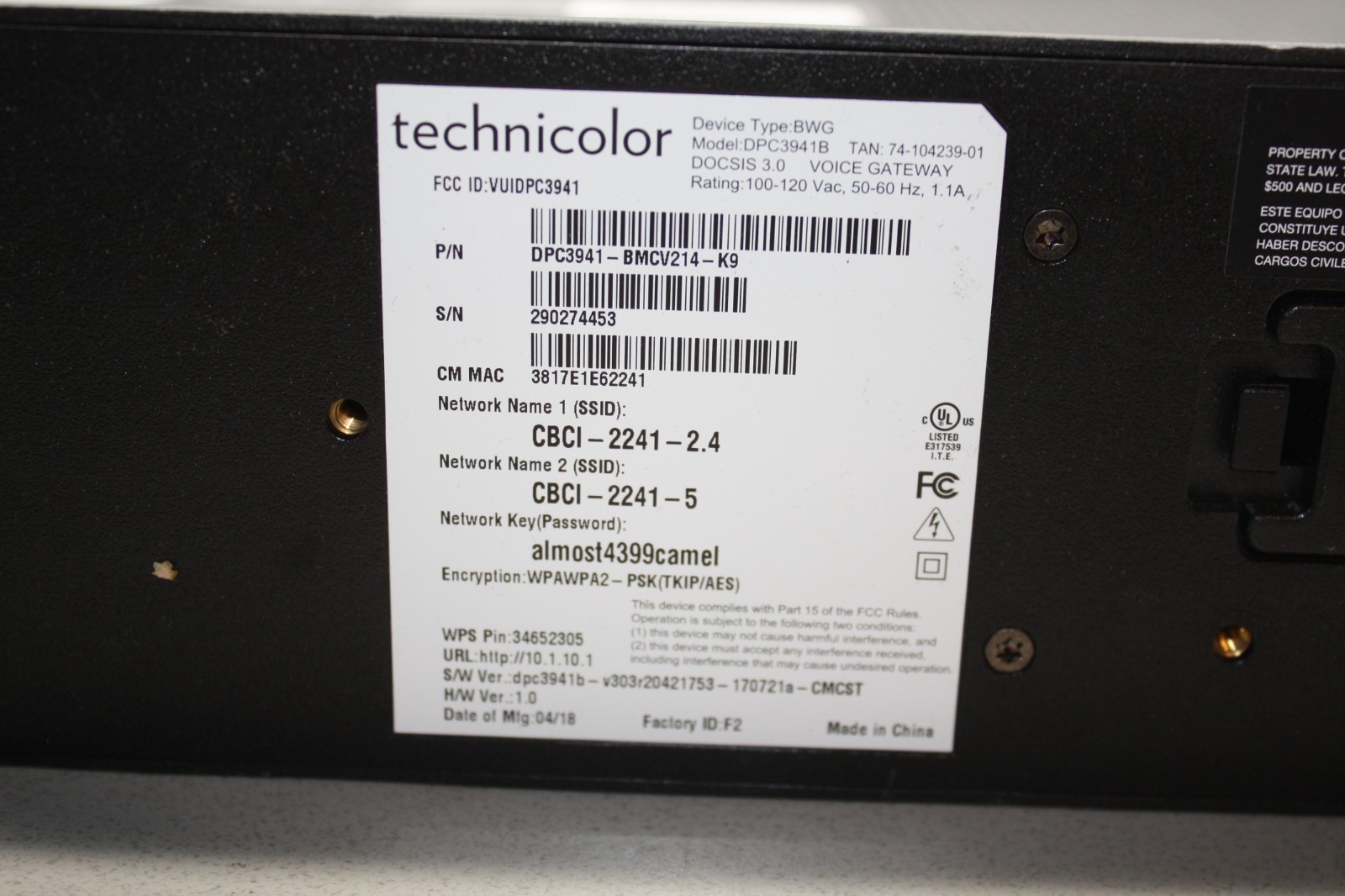 Technicolor DPC3941B Comcast Business Dual Band WiFi Cable Modem Router w/ Cord