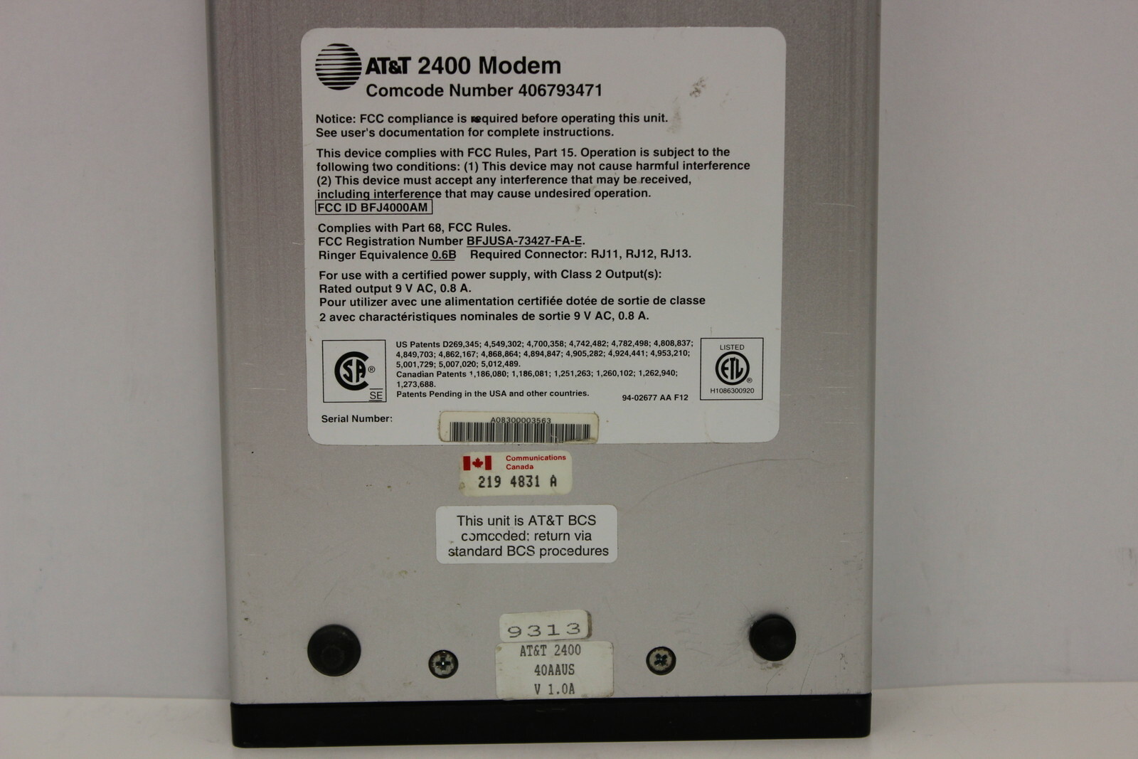 AT&T 40AAUS 2400 EXTERNAL MODEM CAMCODE 406793471 WITH AC ADAPTER