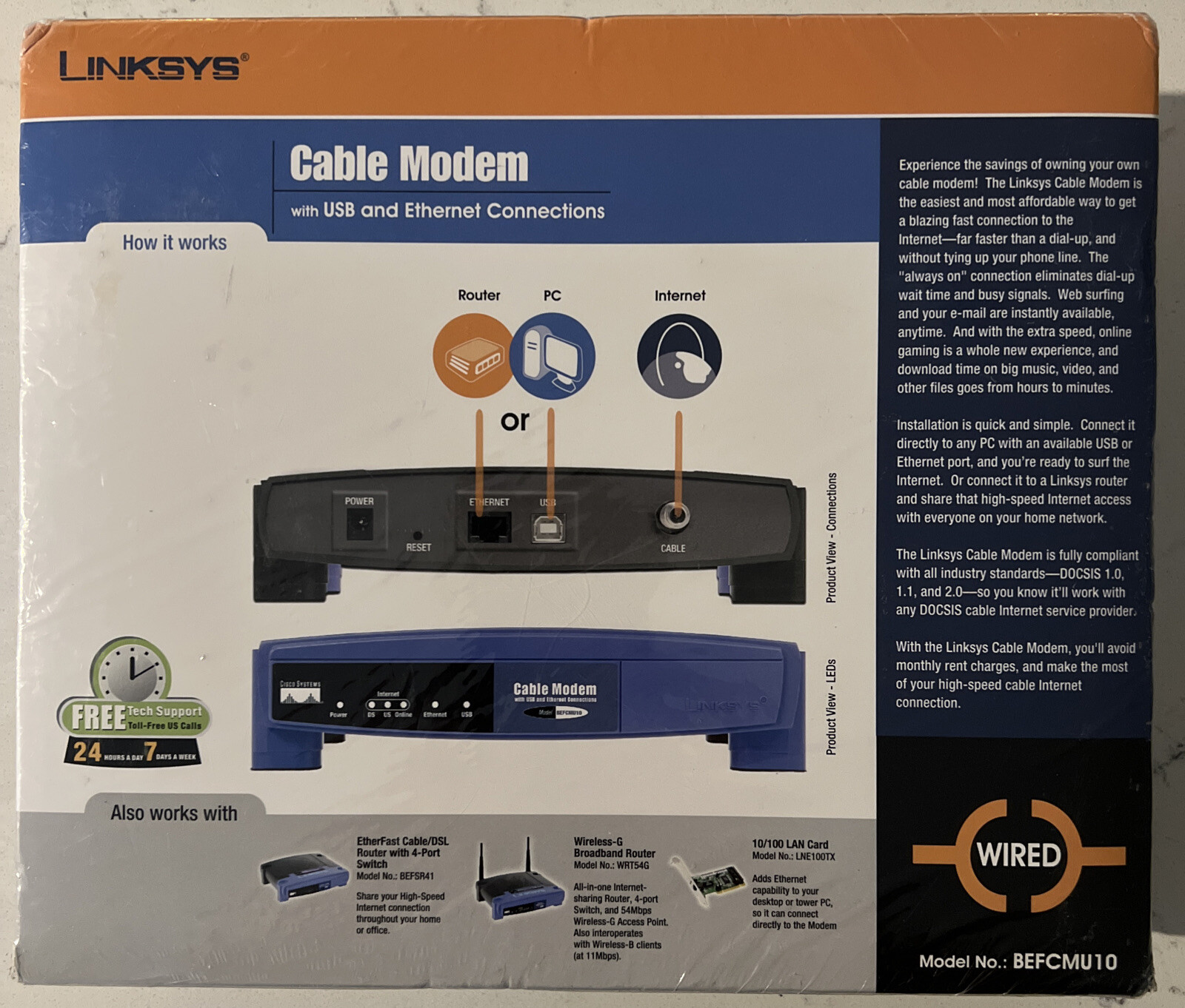 New Linksys BEFCMU10 USB/Ethernet Cable Modem, AC, cables