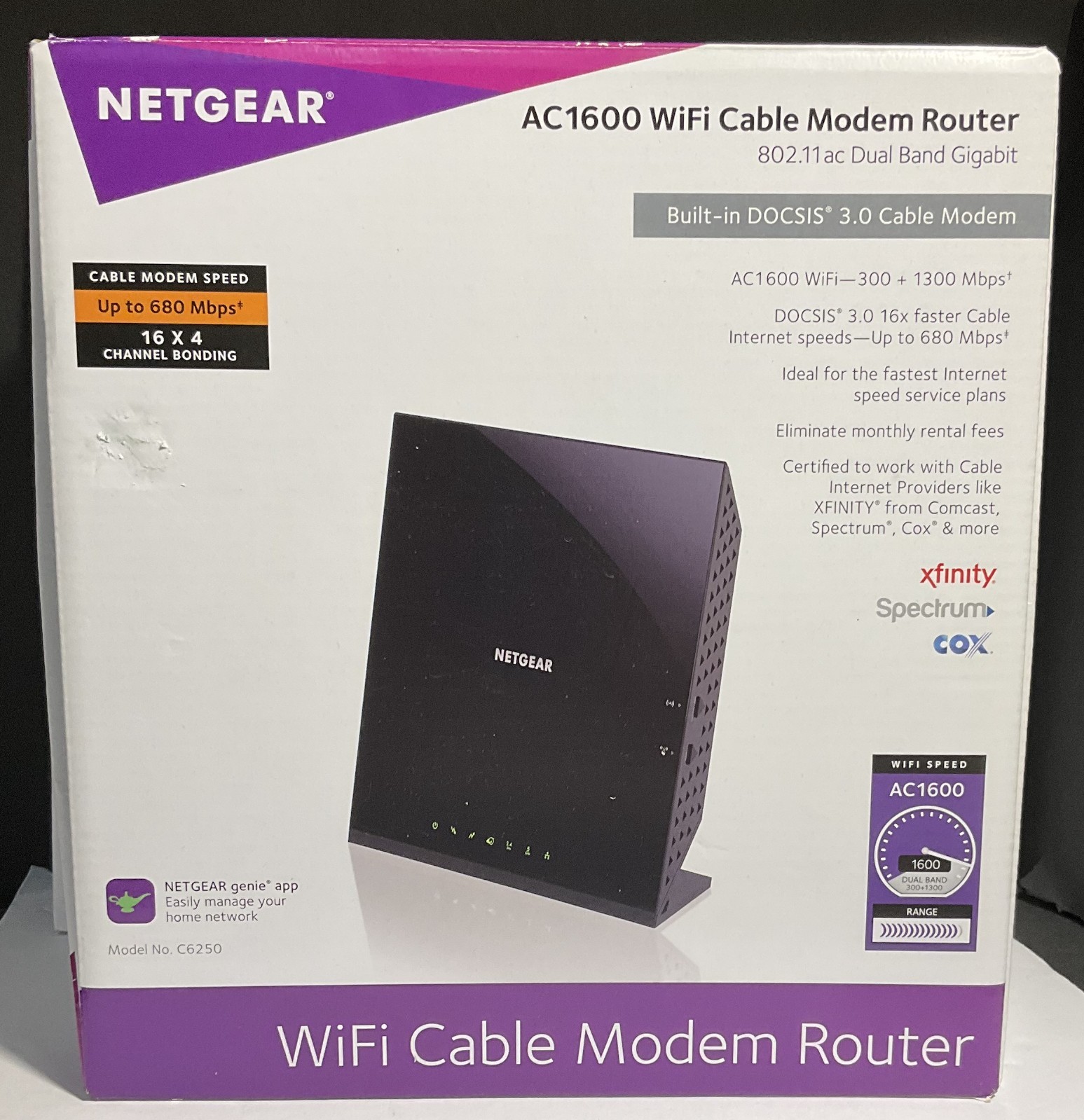 NETGEAR AC1600 WiFi Cable Modem Router C6250 – up to 680 Mbps – Used – Orig Box