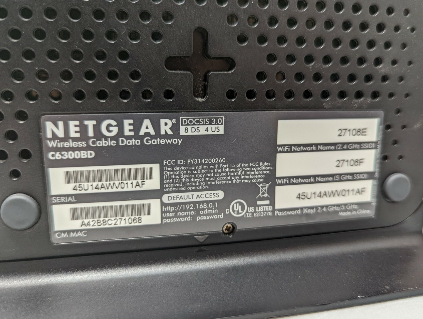 NETGEAR C6300BD AC1900 DOCSIS 3.0 Cable Modem WiFi Router no power cord