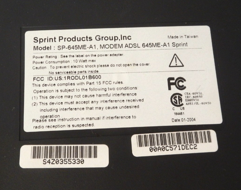 Sprint 645 ADSL Modem Complete w/ AC Power Cord + Ethernet Cable ** GRADE A **
