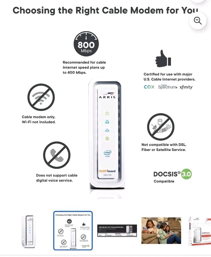 ARRIS Surfboard SB6190 32×8 DOCSIS 3.0 Cable Modem with 1.4 Gbps Download